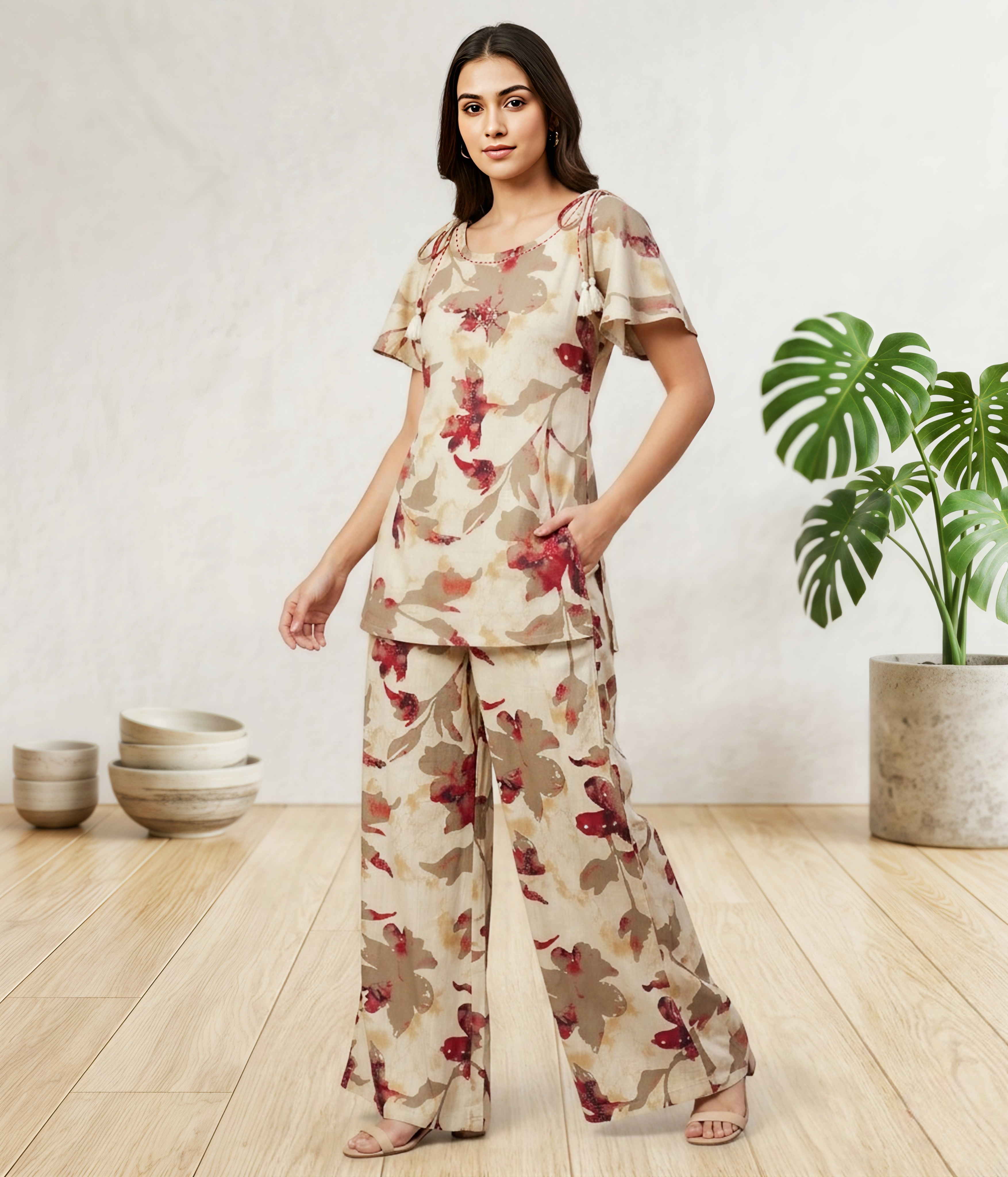 Elegant Beige & Crimson Floral Fusion Co-ord Set