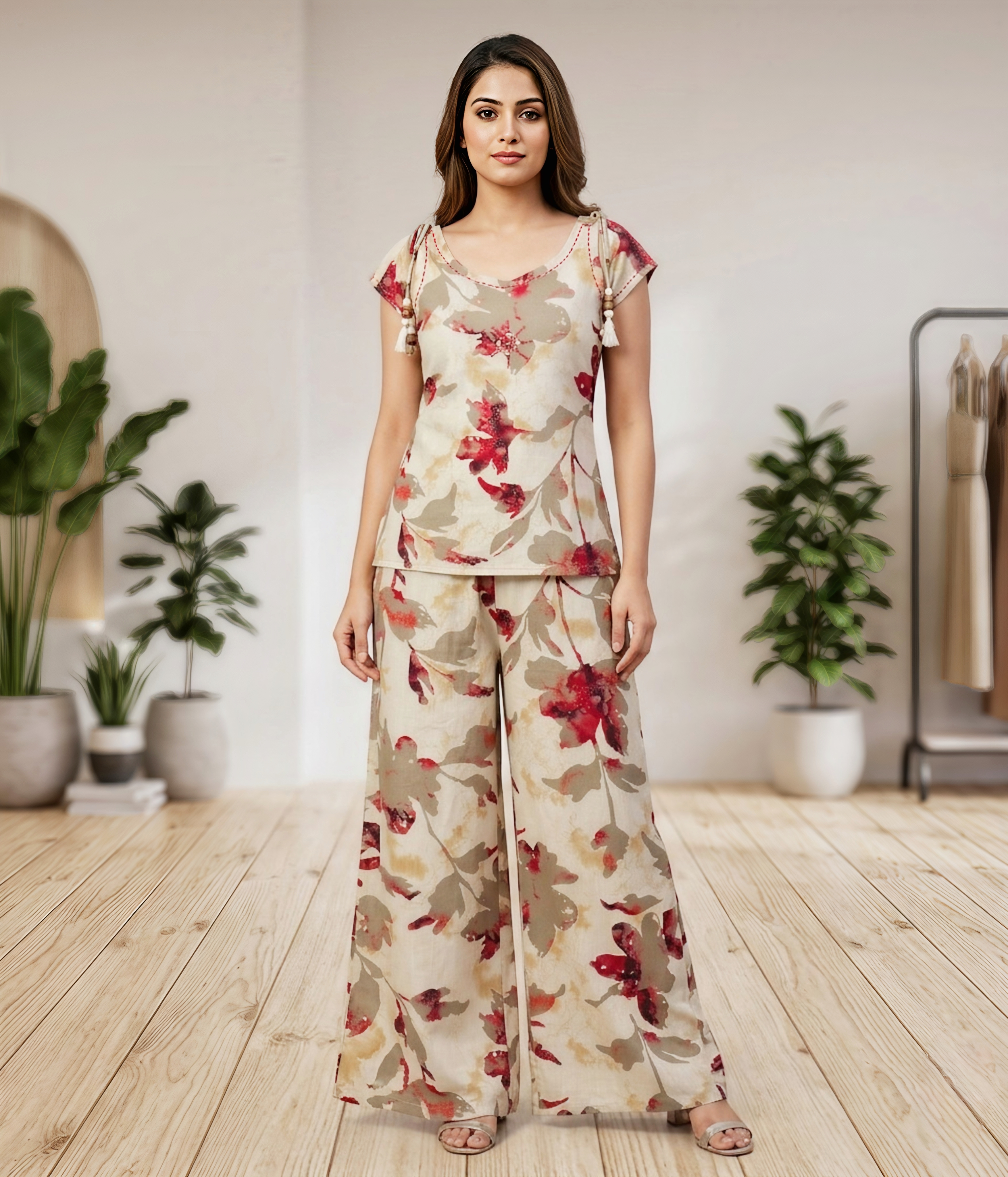 Elegant Beige & Crimson Floral Fusion Co-ord Set