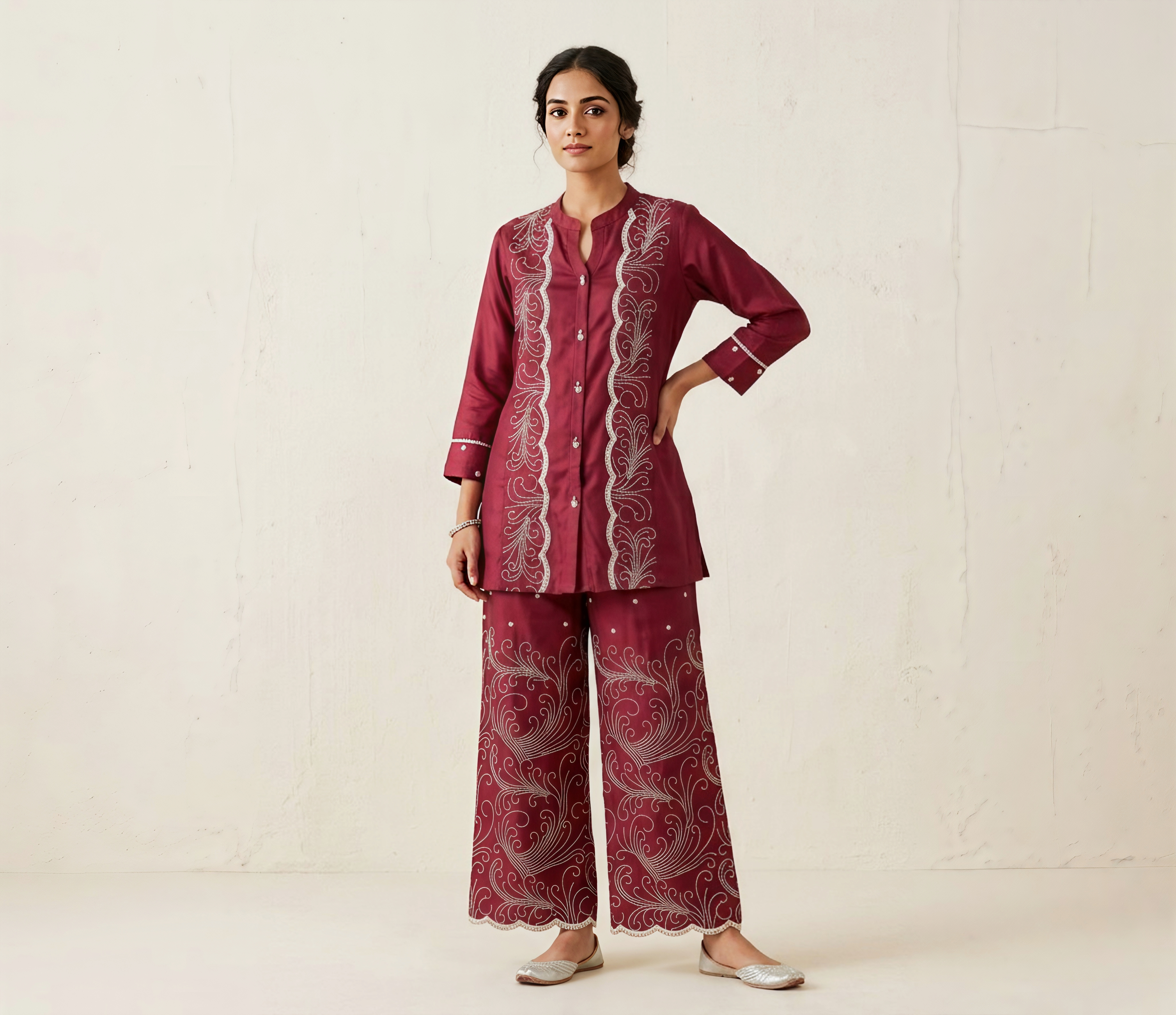 Gaji Silk Deep Maroon Embroidered Co-ord Set with Scalloped Hem