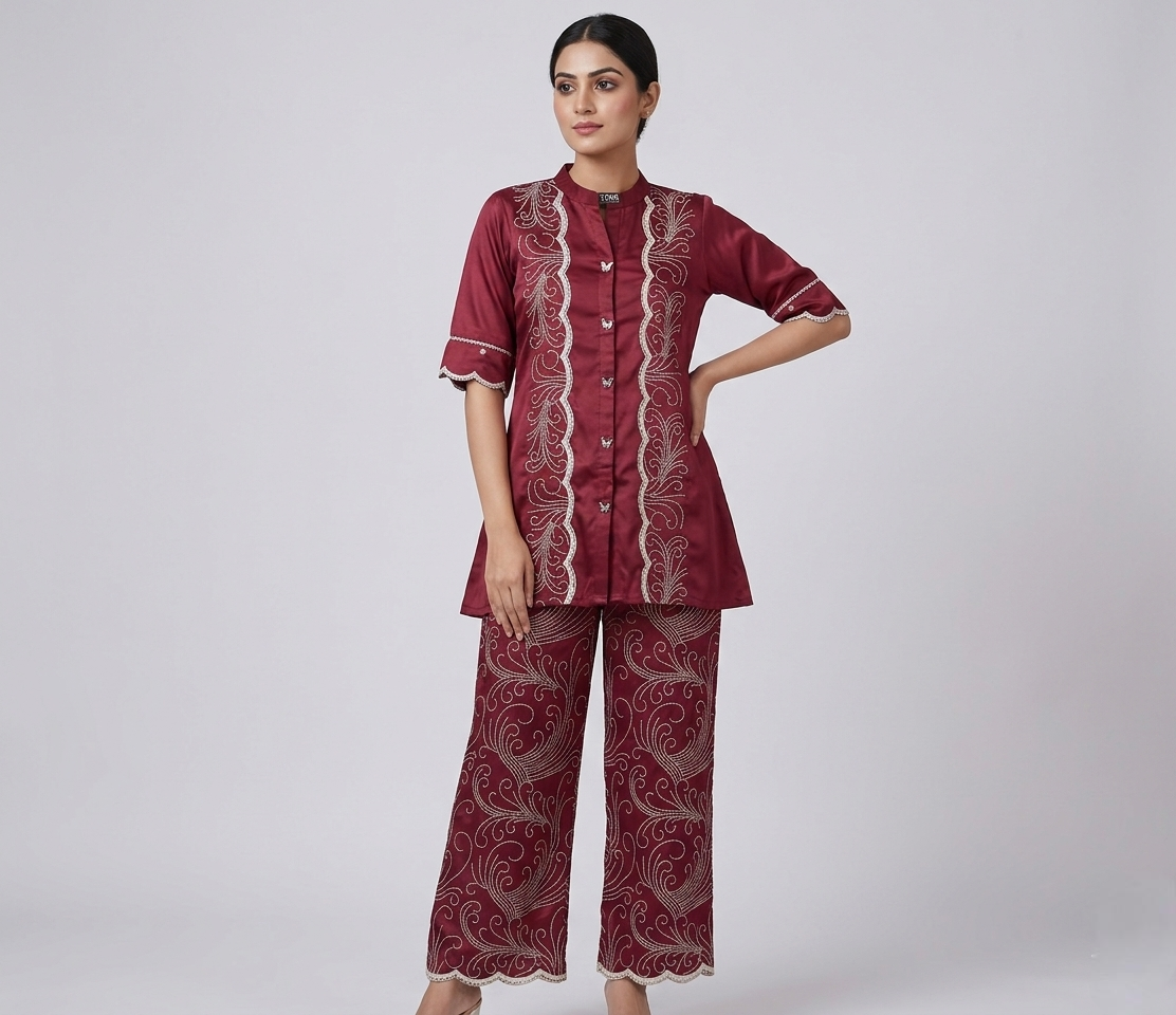 Gaji Silk Deep Maroon Embroidered Co-ord Set with Scalloped Hem