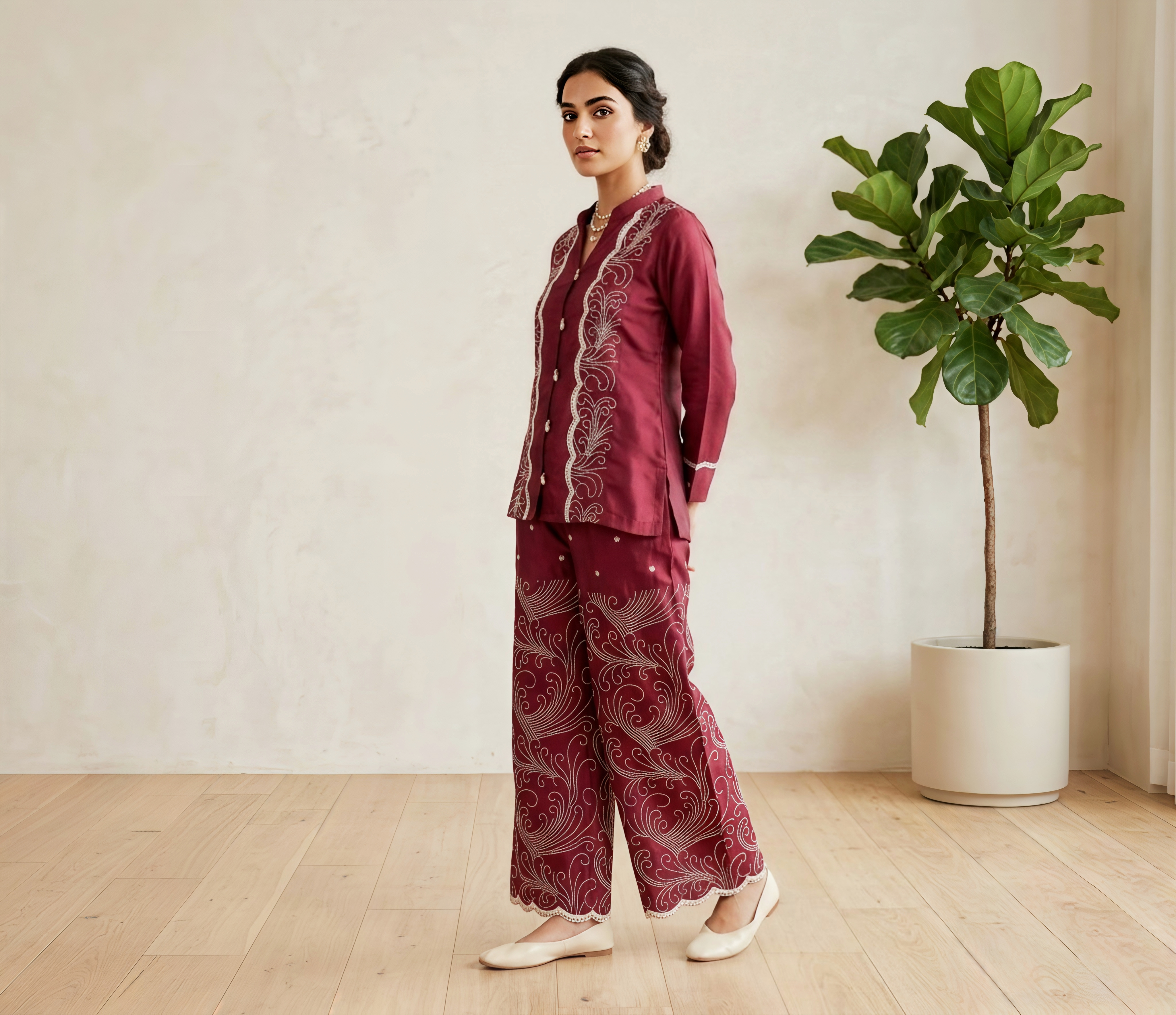 Gaji Silk Deep Maroon Embroidered Co-ord Set with Scalloped Hem