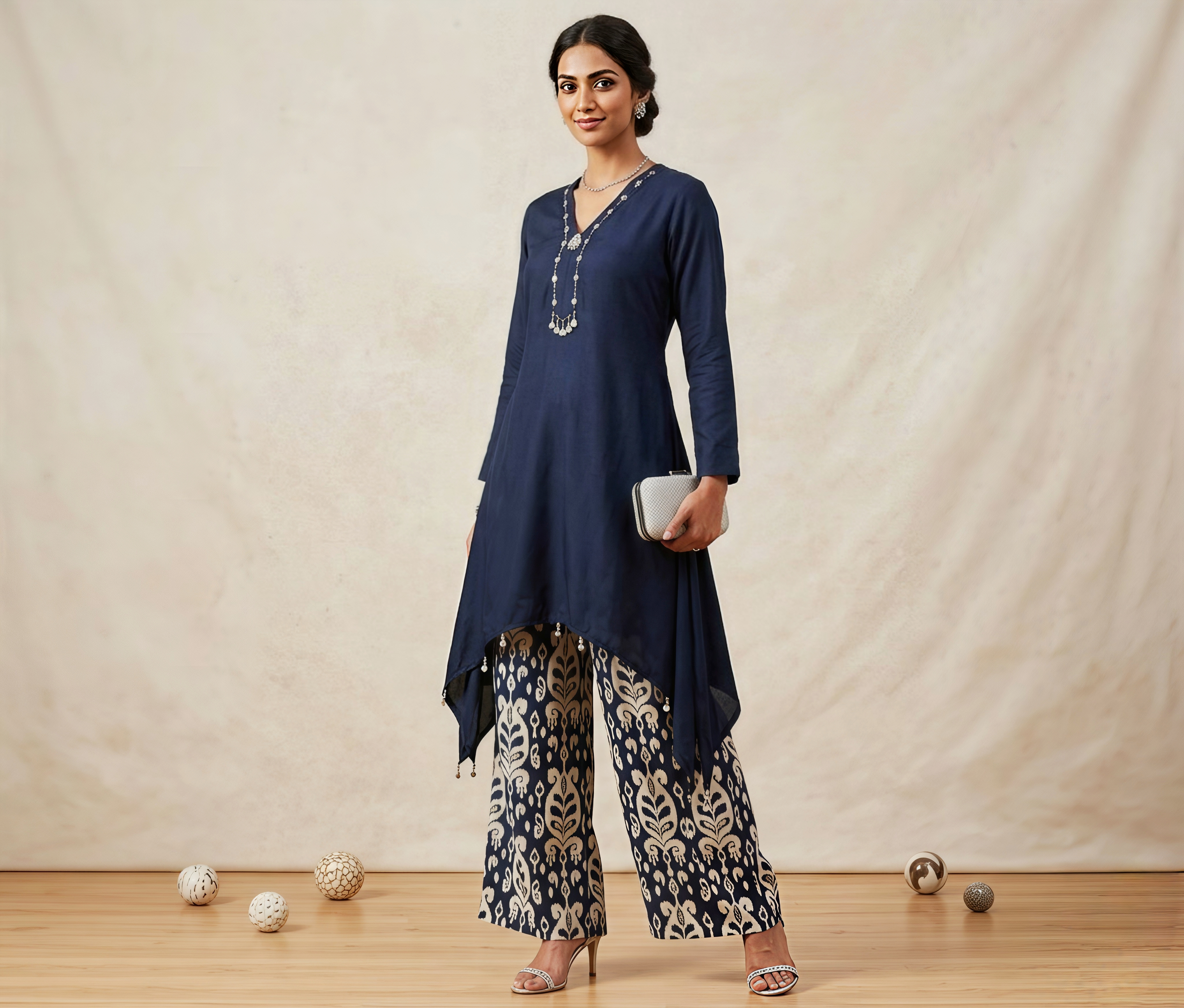 Midnight Navy Asymmetric Kurta with Ikat Print Palazzo Set
