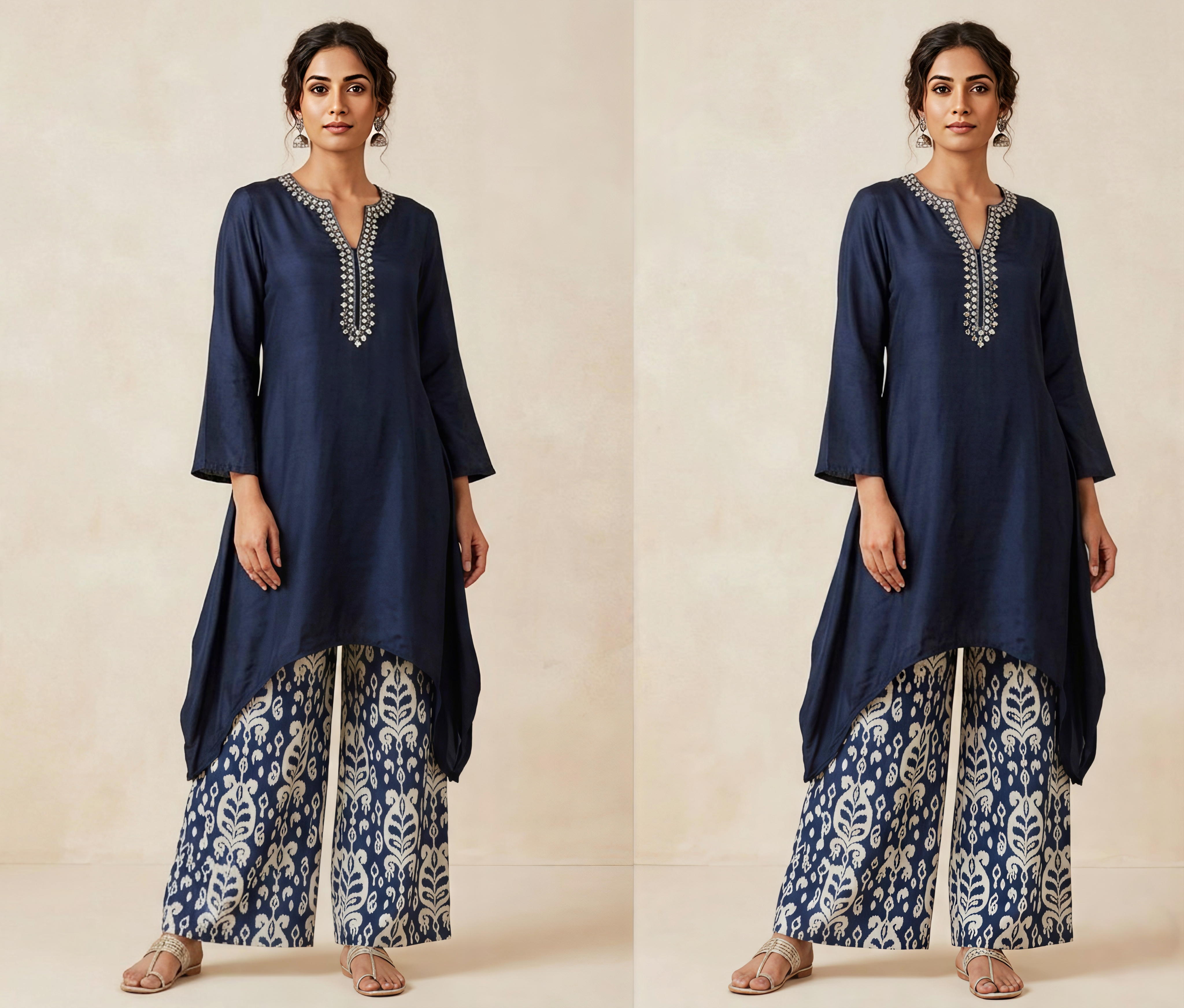Midnight Navy Asymmetric Kurta with Ikat Print Palazzo Set