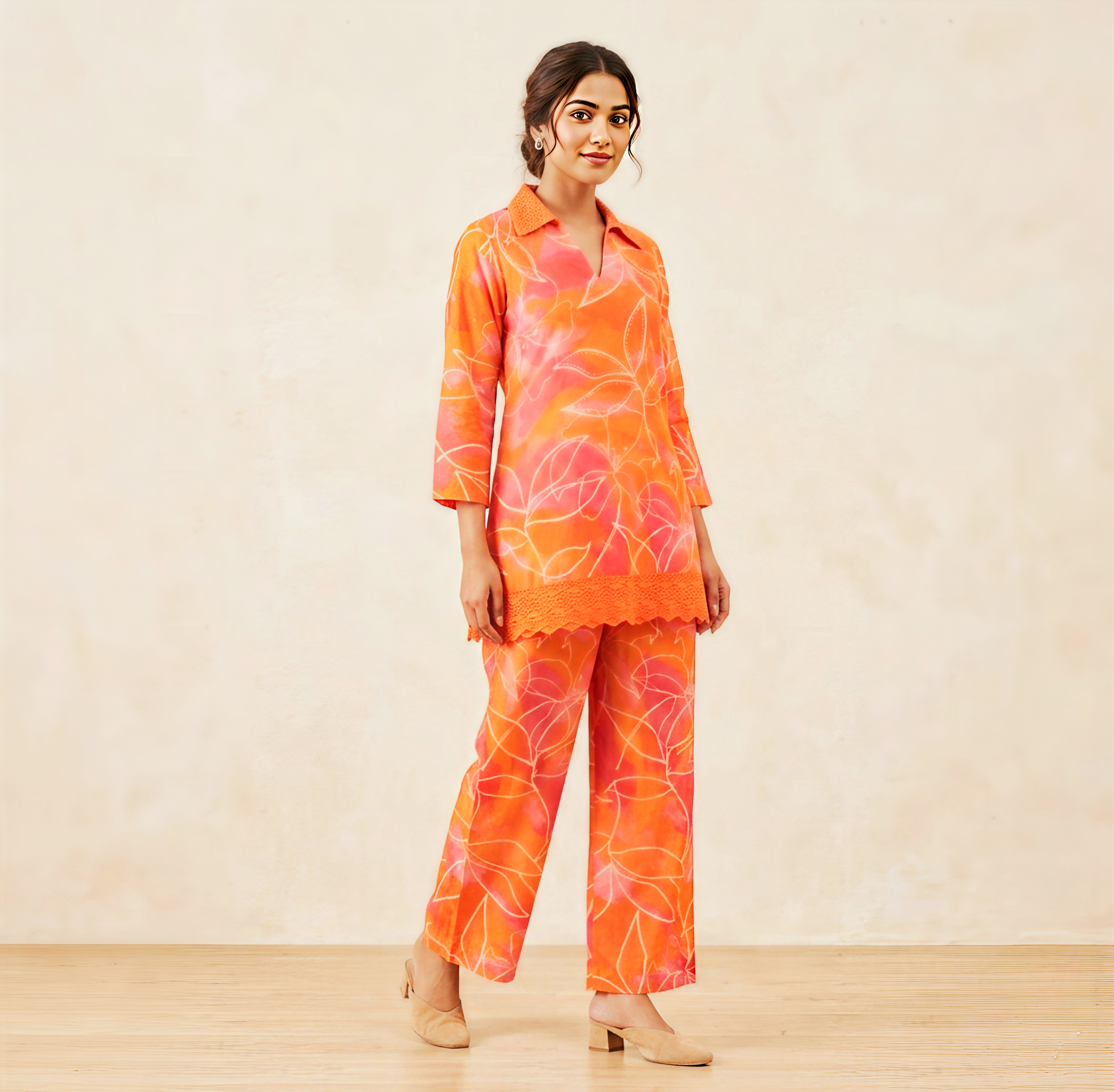 Peach Blossom Floral Print Cotton Co-ord Set