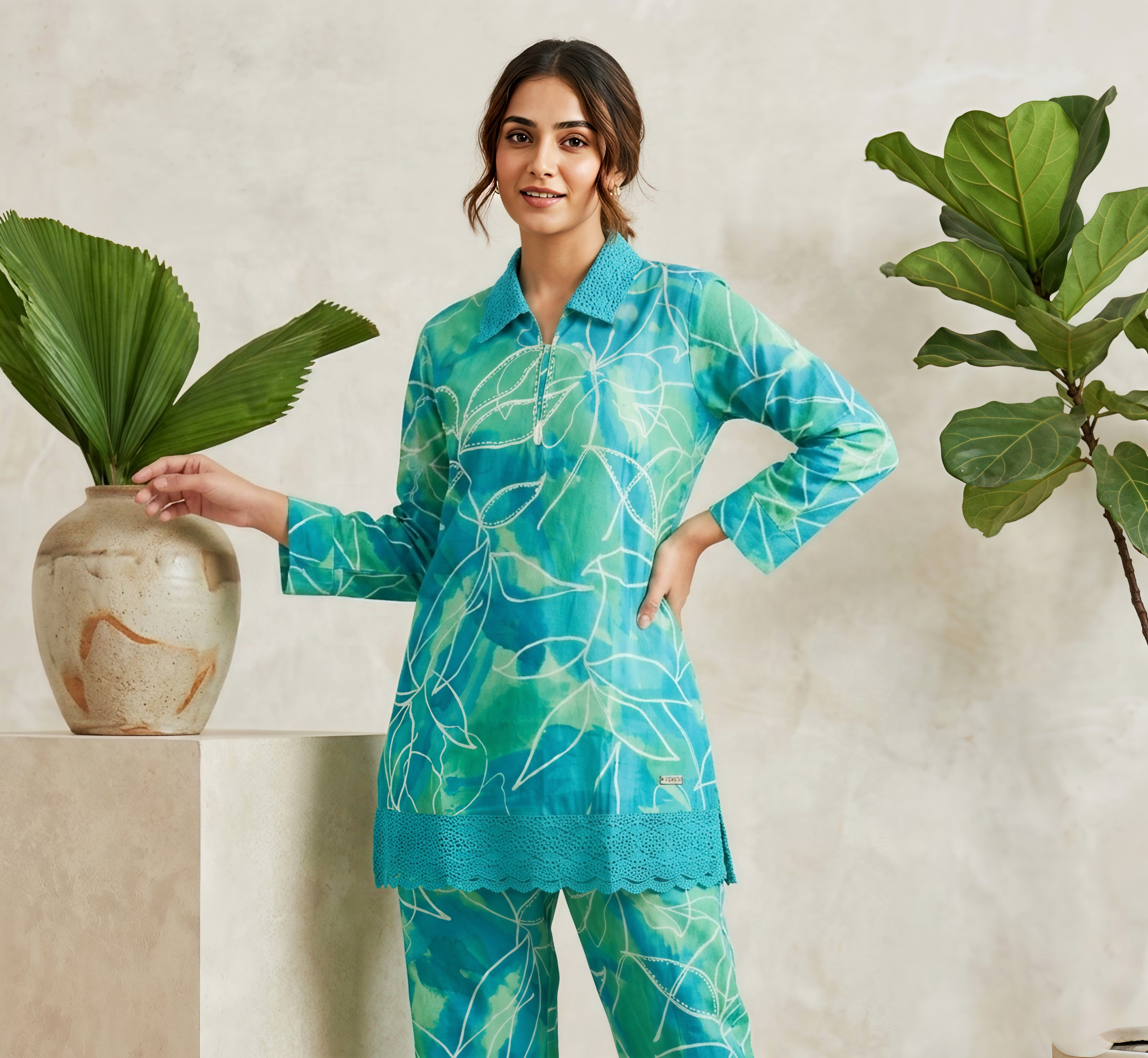 Teal & Seafoam Floral Printed Kurta with Palazzo Pants Co-ord Set