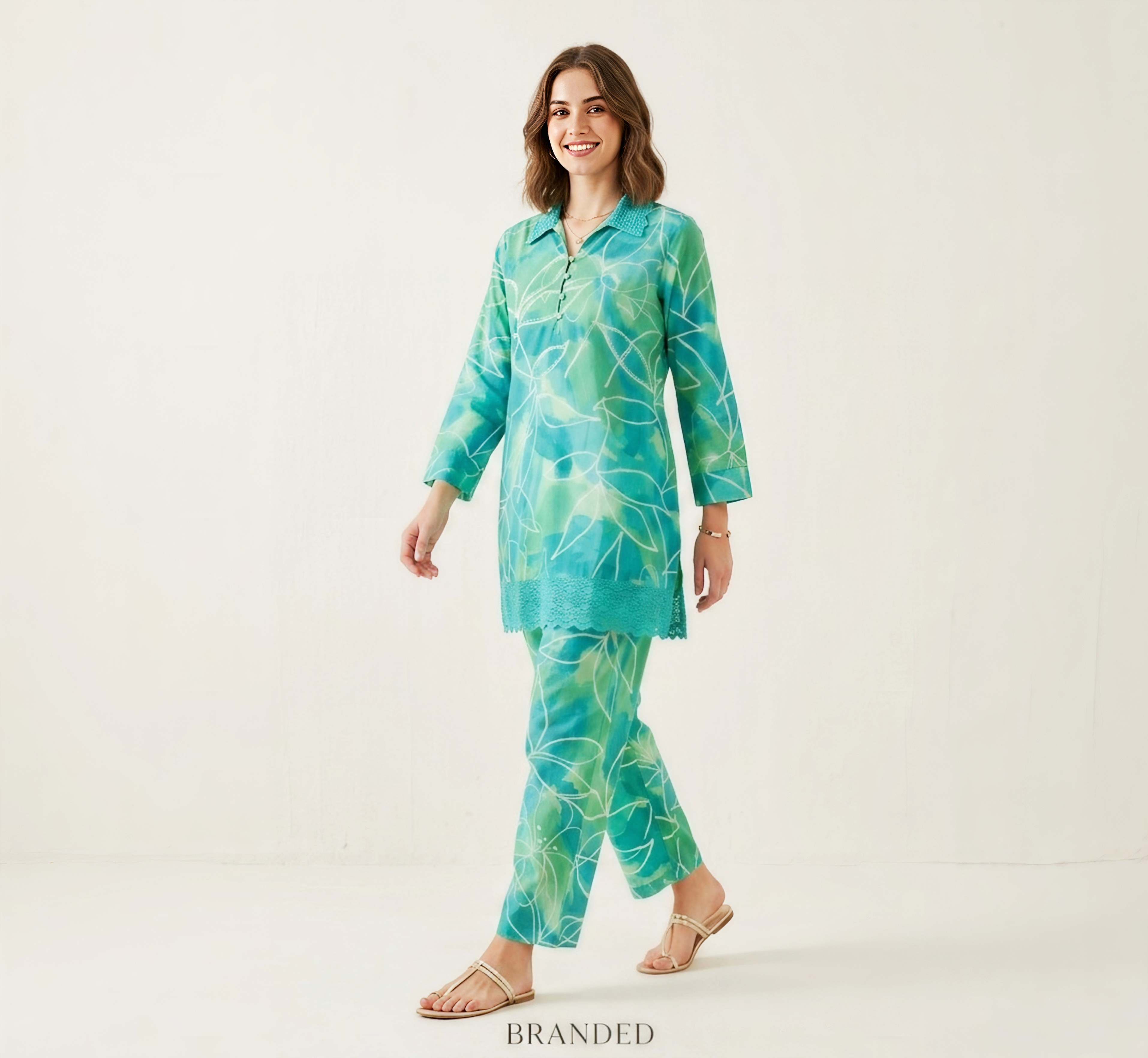Teal & Seafoam Floral Printed Kurta with Palazzo Pants Co-ord Set