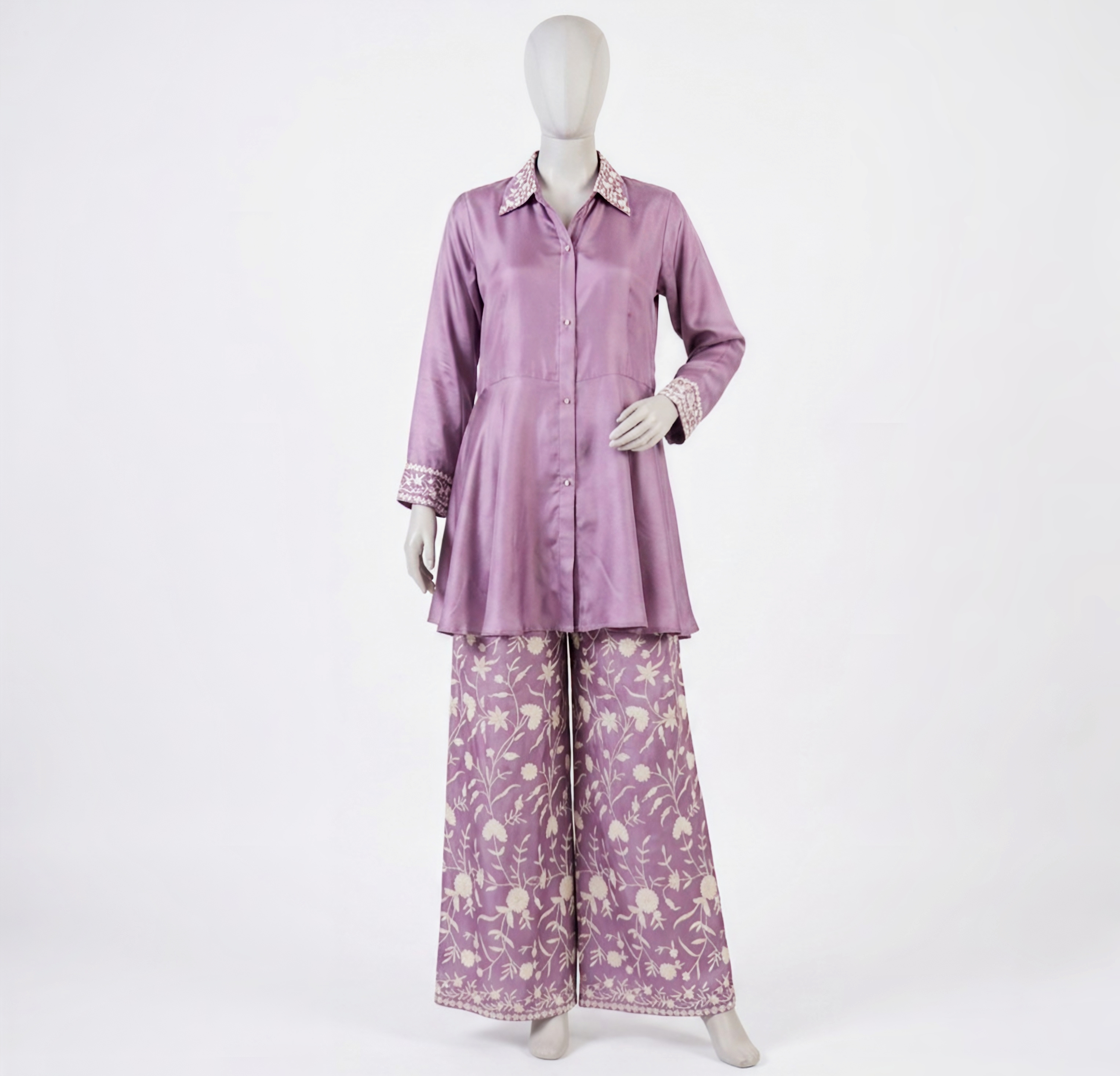 Mauve Gaji Silk Peplum Tunic and Floral Print Wide-Leg Pant Co-ord Set