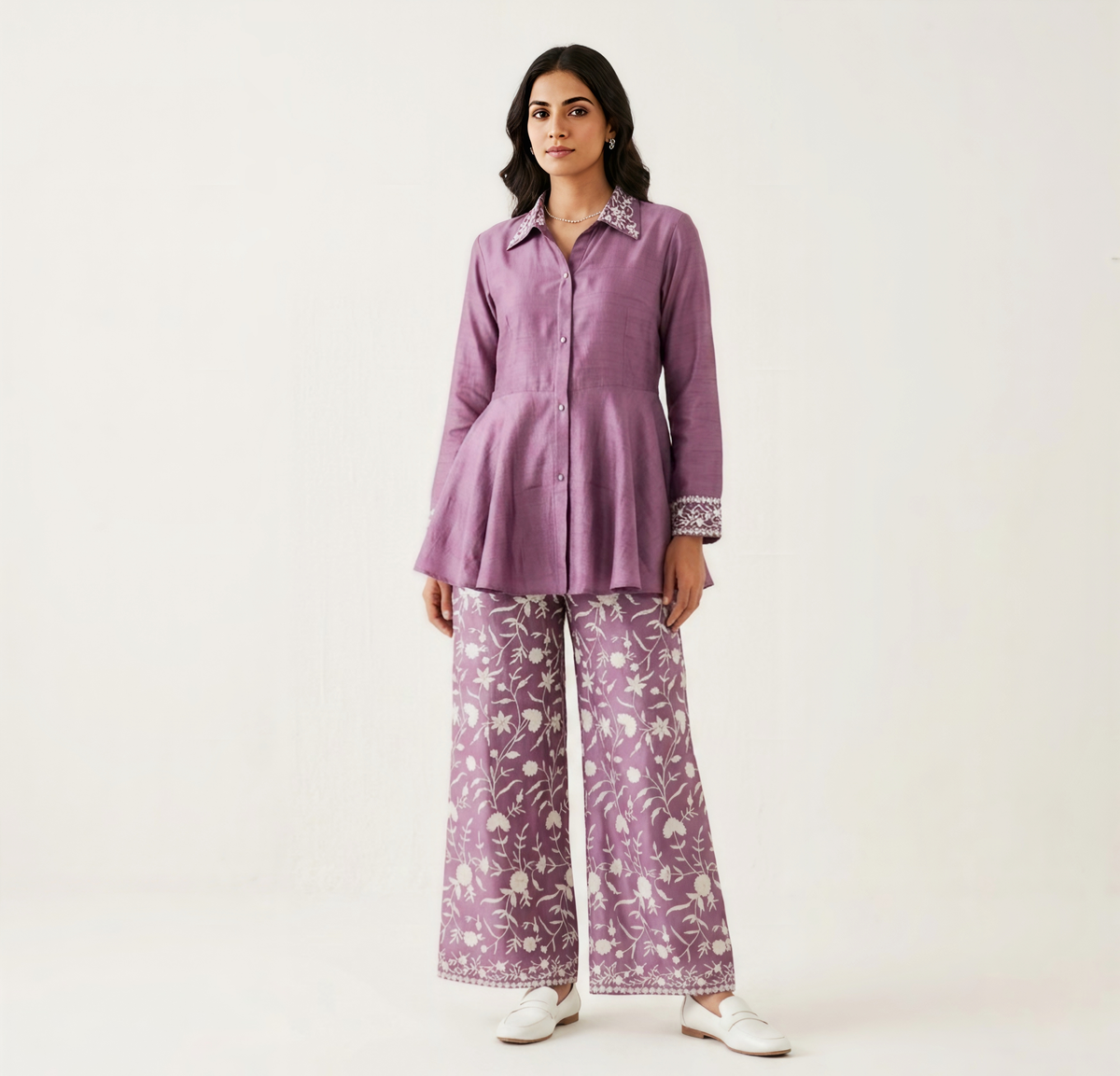 Mauve Gaji Silk Peplum Tunic and Floral Print Wide-Leg Pant Co-ord Set