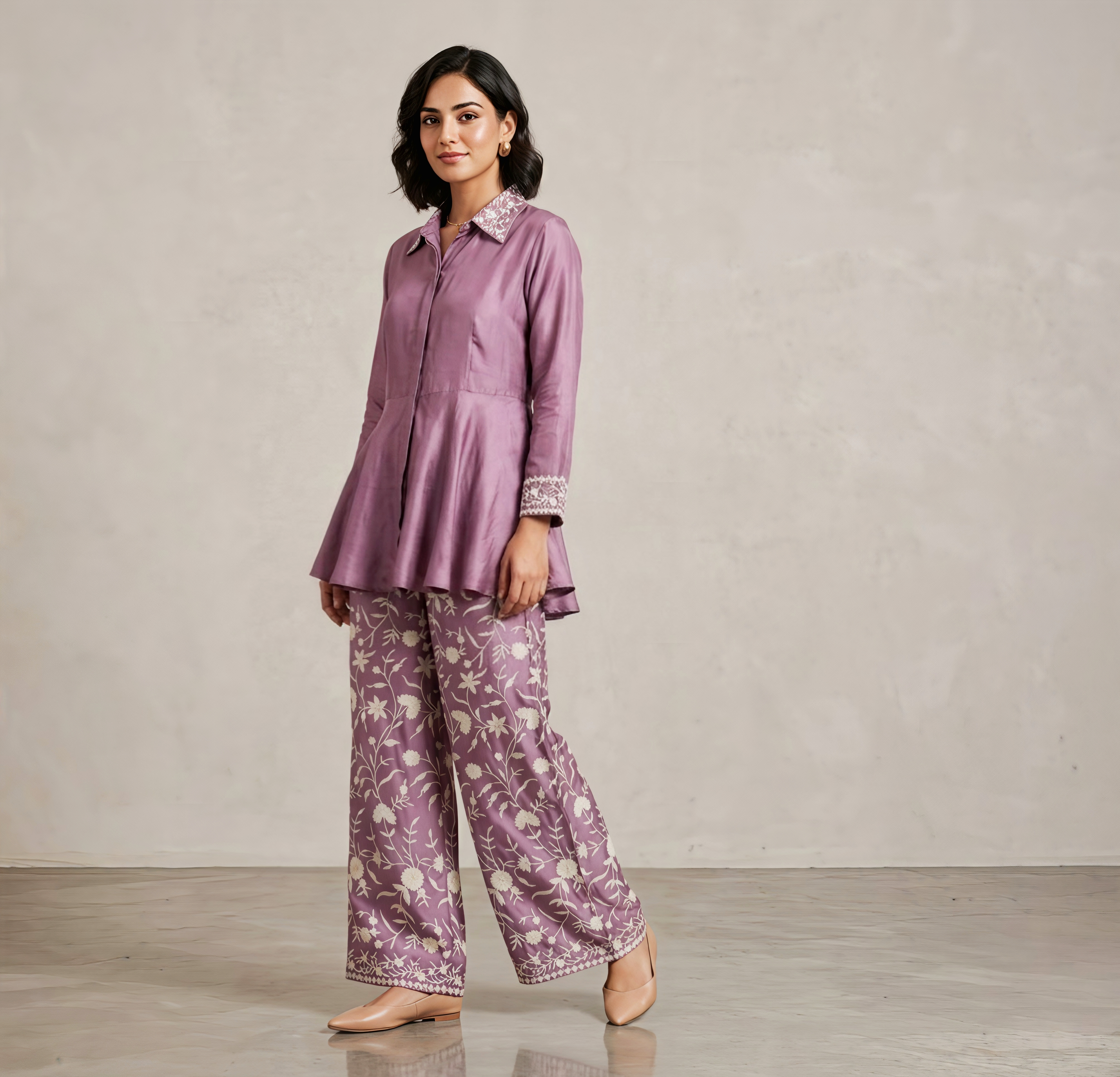 Mauve Gaji Silk Peplum Tunic and Floral Print Wide-Leg Pant Co-ord Set
