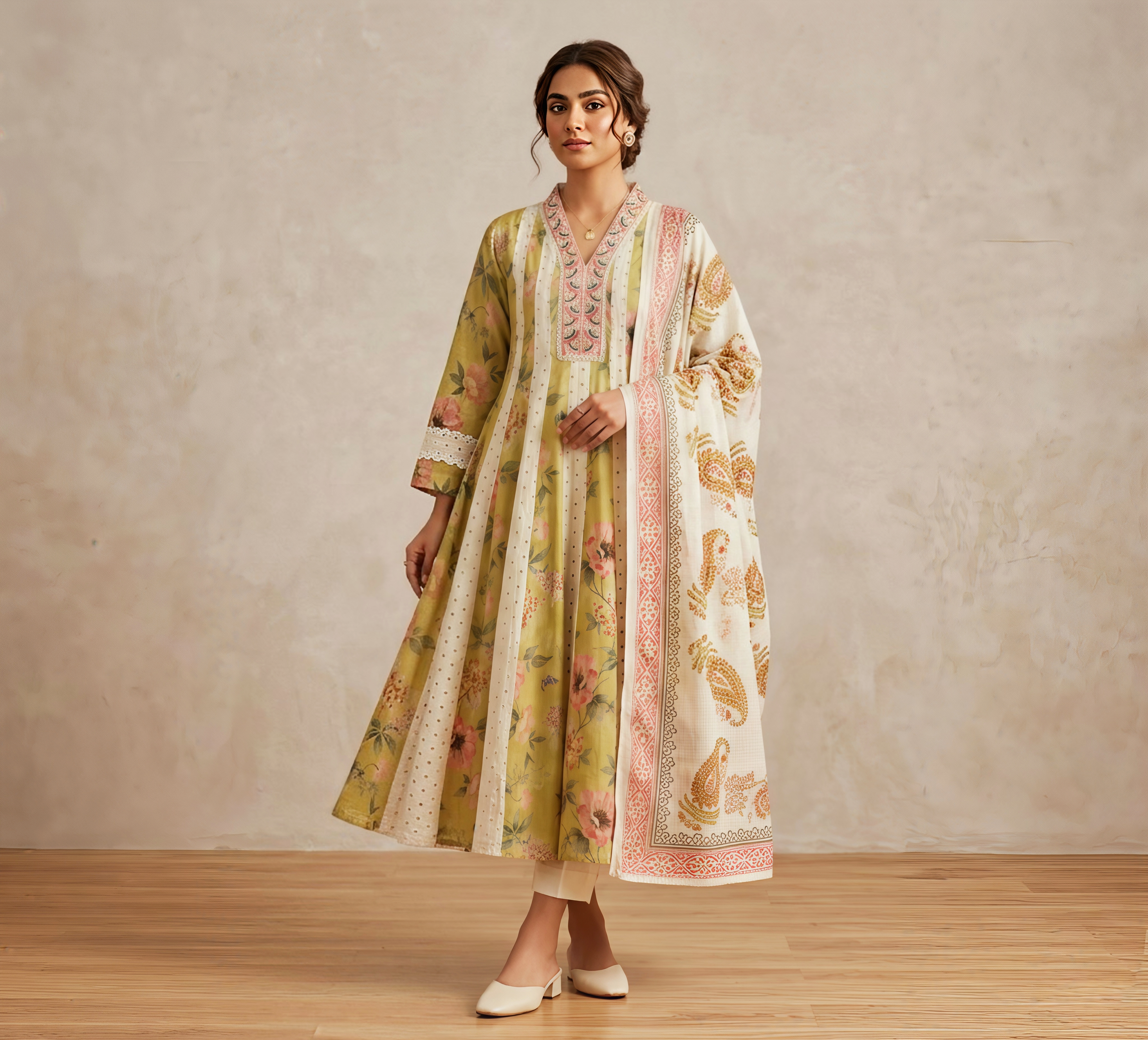 Pastel Olive Floral Print Anarkali Kurta Set with Embroidered Neckline and Printed Dupatta
