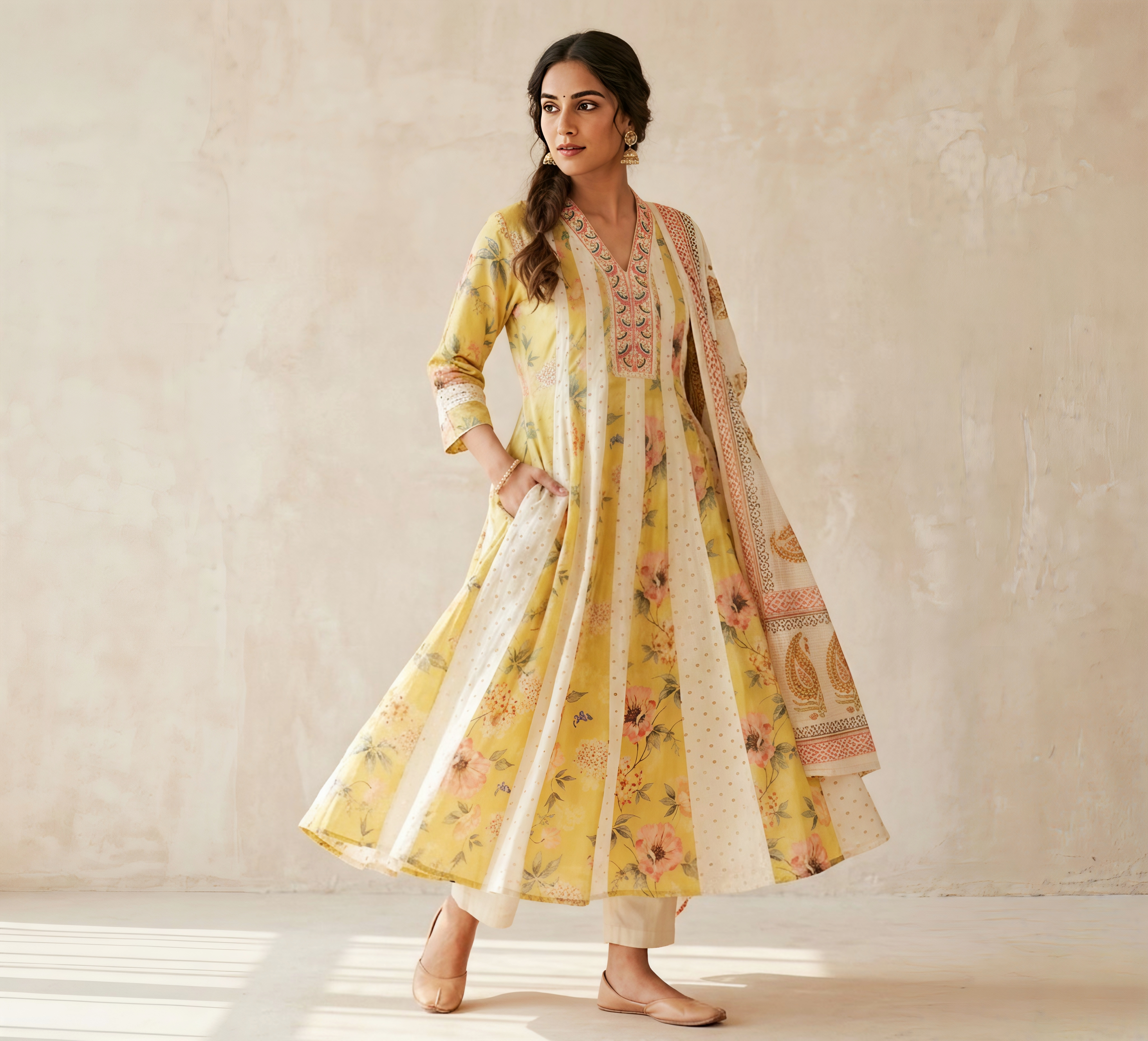 Pastel Olive Floral Print Anarkali Kurta Set with Embroidered Neckline and Printed Dupatta