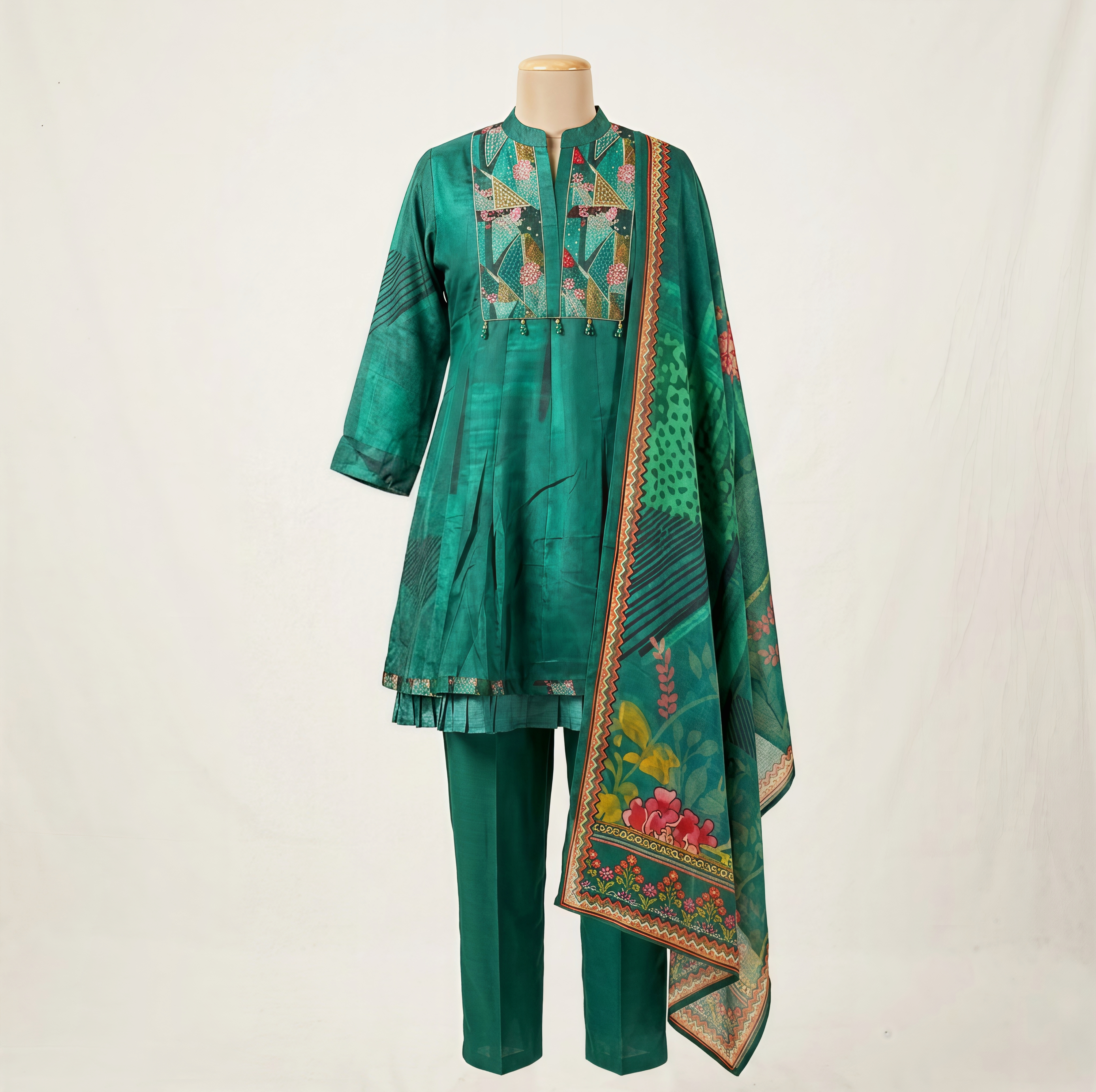 Teal Silk Embroidered A-Line Kurta Set with Floral Print Dupatta - 3 Piece