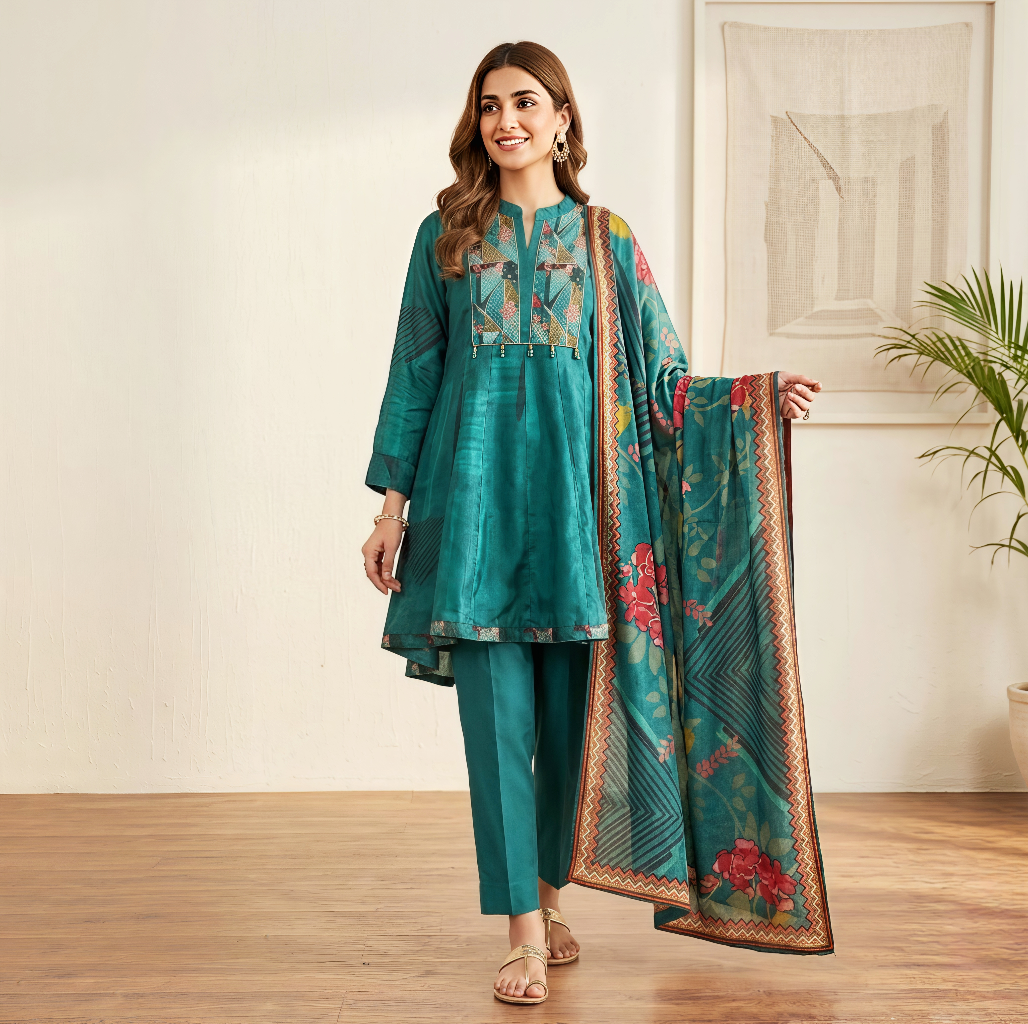 Teal Silk Embroidered A-Line Kurta Set with Floral Print Dupatta - 3 Piece