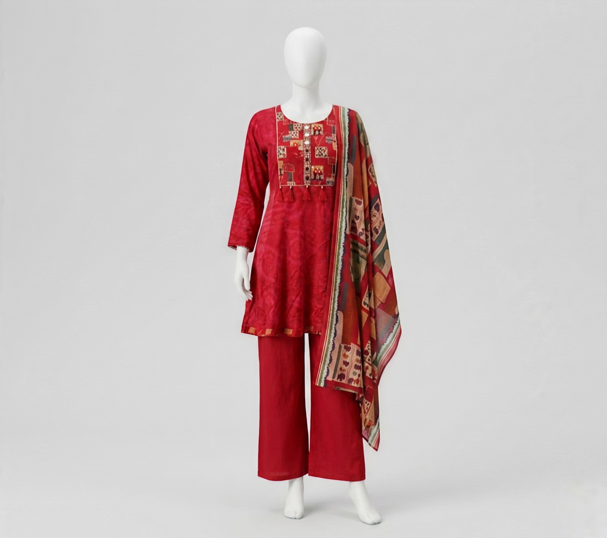 Deep Wine Embroidered A-Line Kurta Set with Printed Dupatta & Trousers