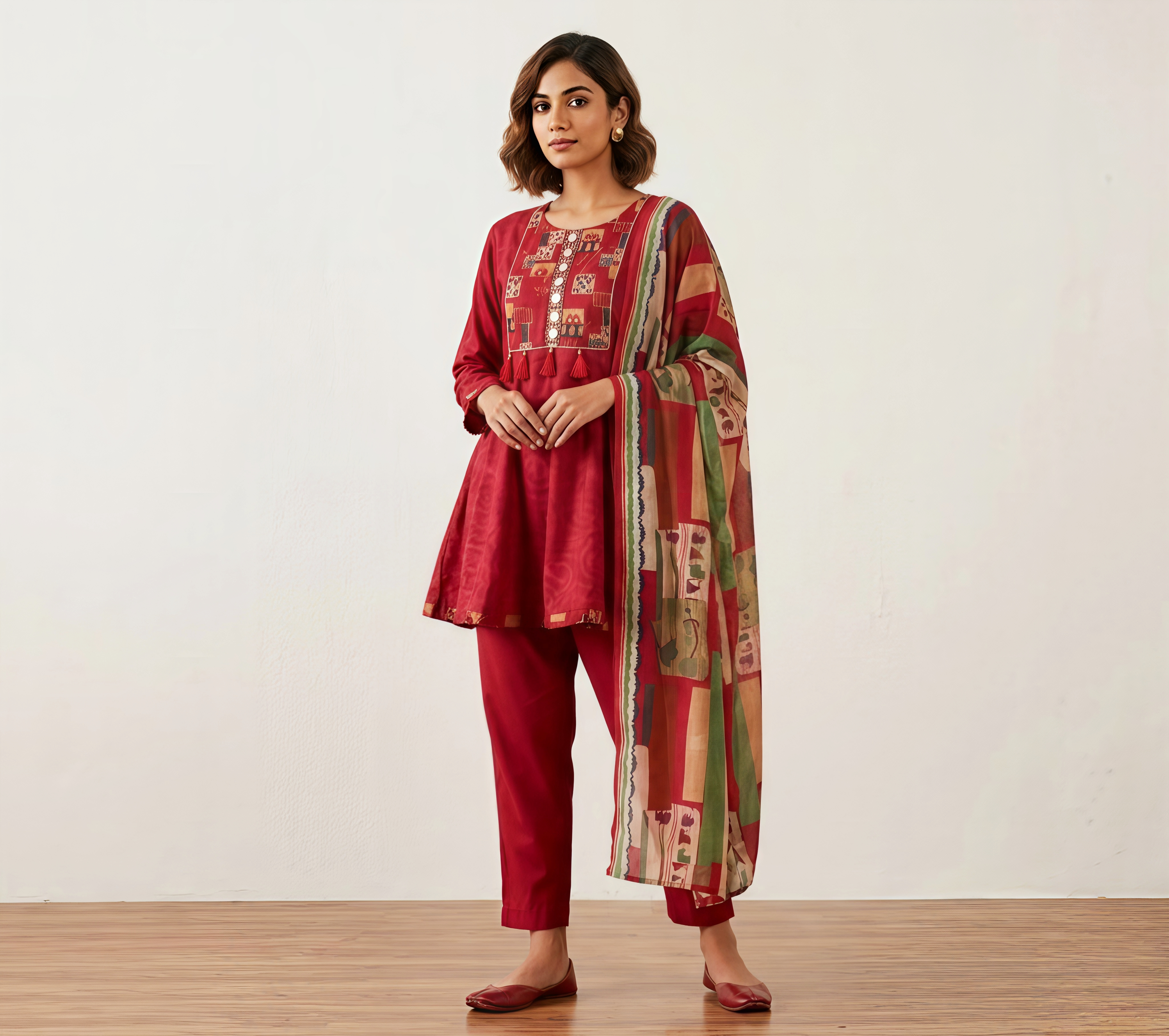 Deep Wine Embroidered A-Line Kurta Set with Printed Dupatta & Trousers