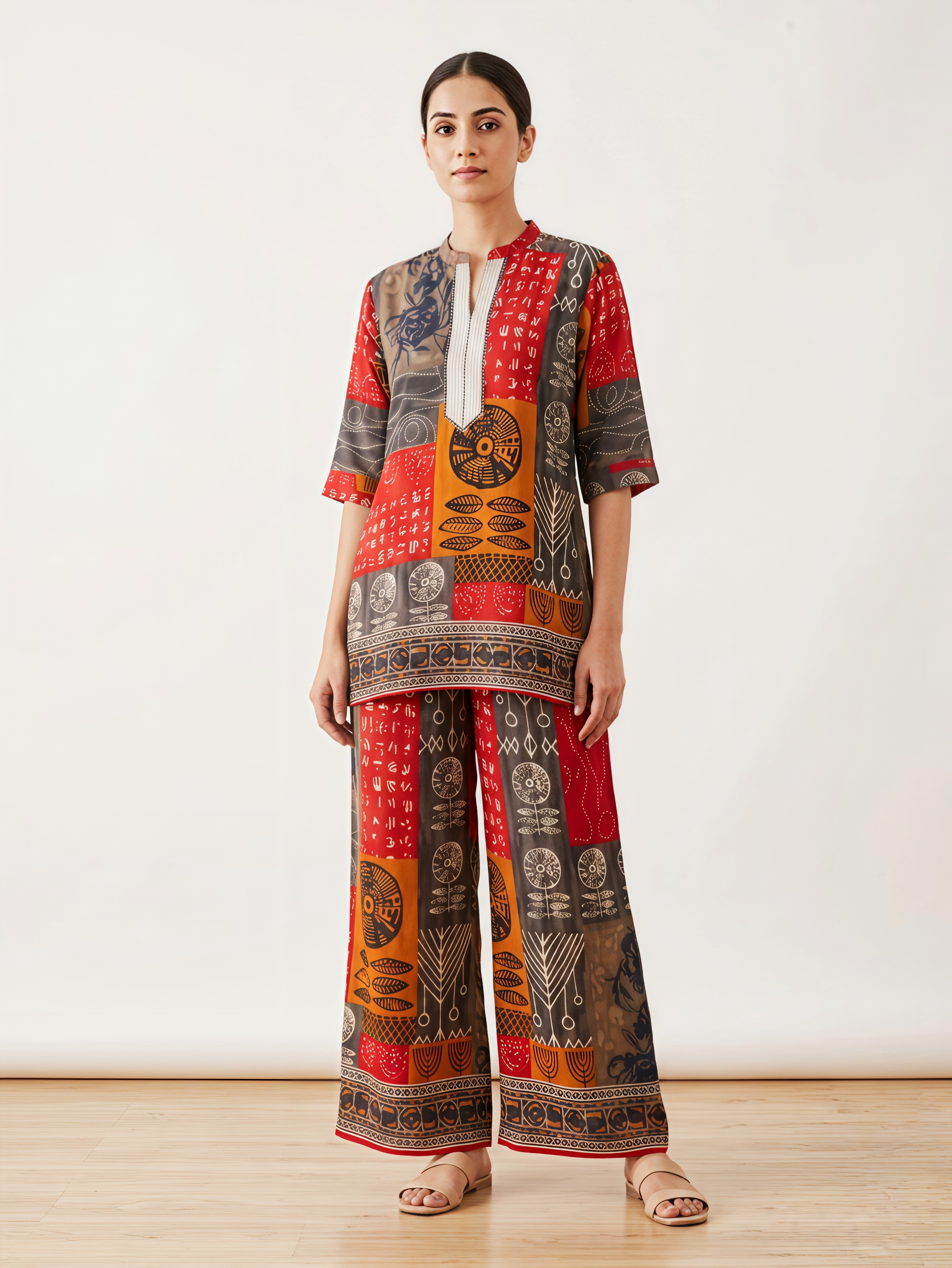 Abstract Patchwork Print Silk Co-ord Set with Mandarian Collar