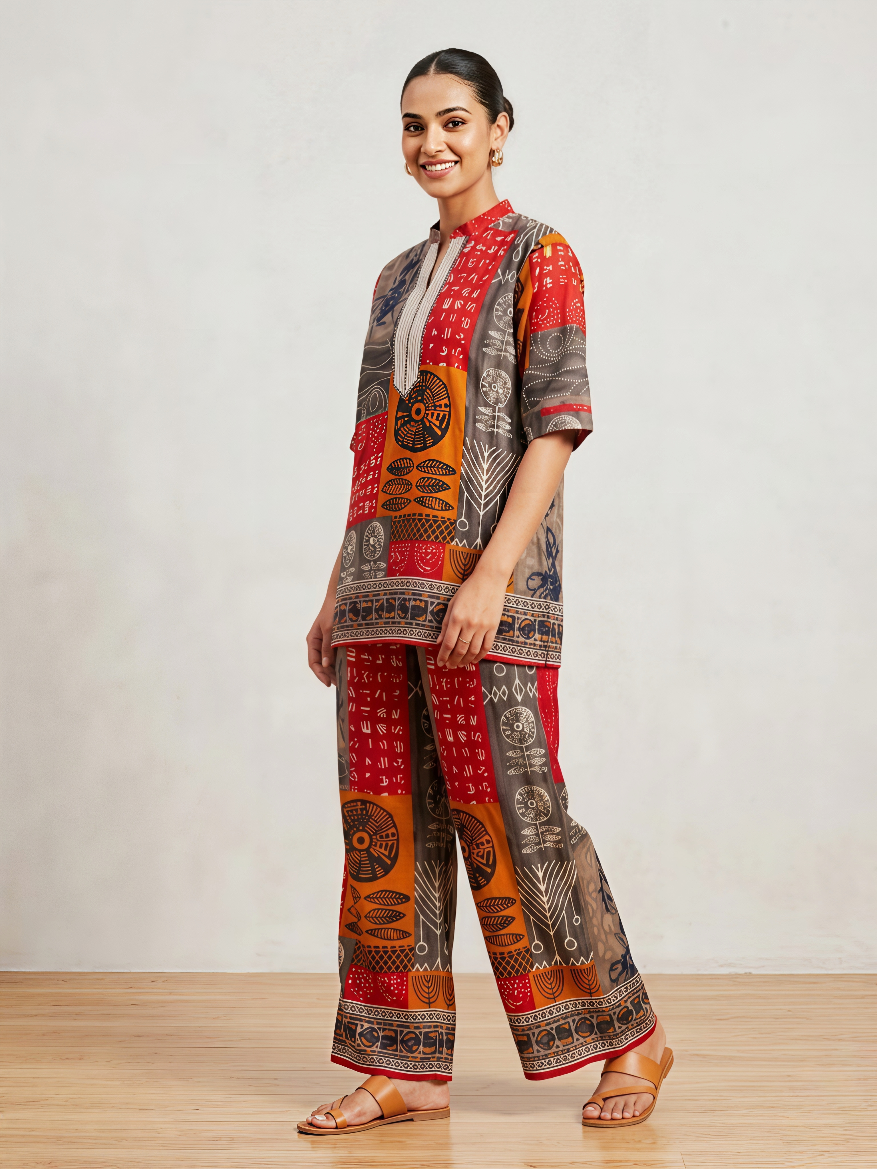 Abstract Patchwork Print Silk Co-ord Set with Mandarian Collar