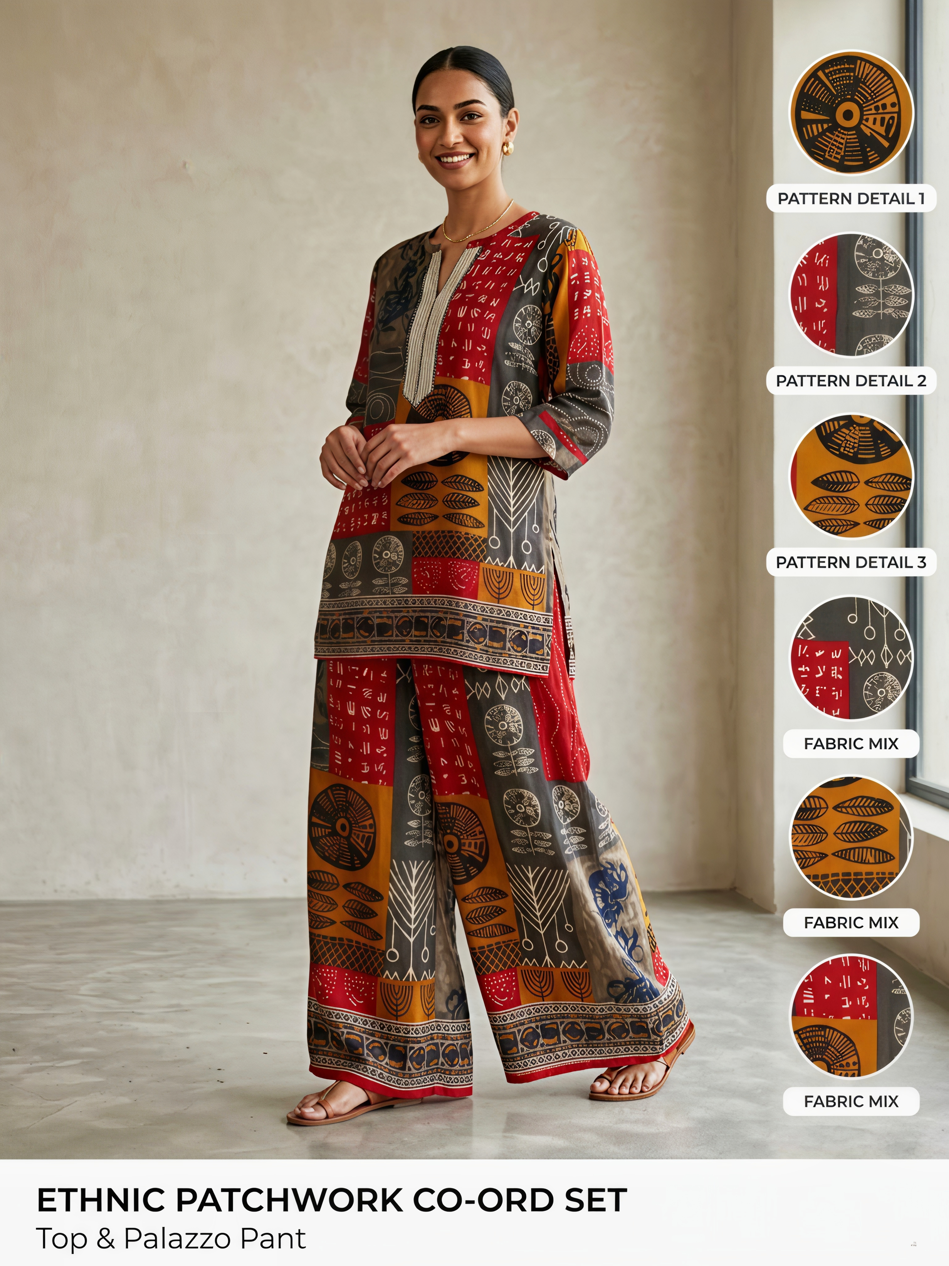 Abstract Patchwork Print Silk Co-ord Set with Mandarian Collar