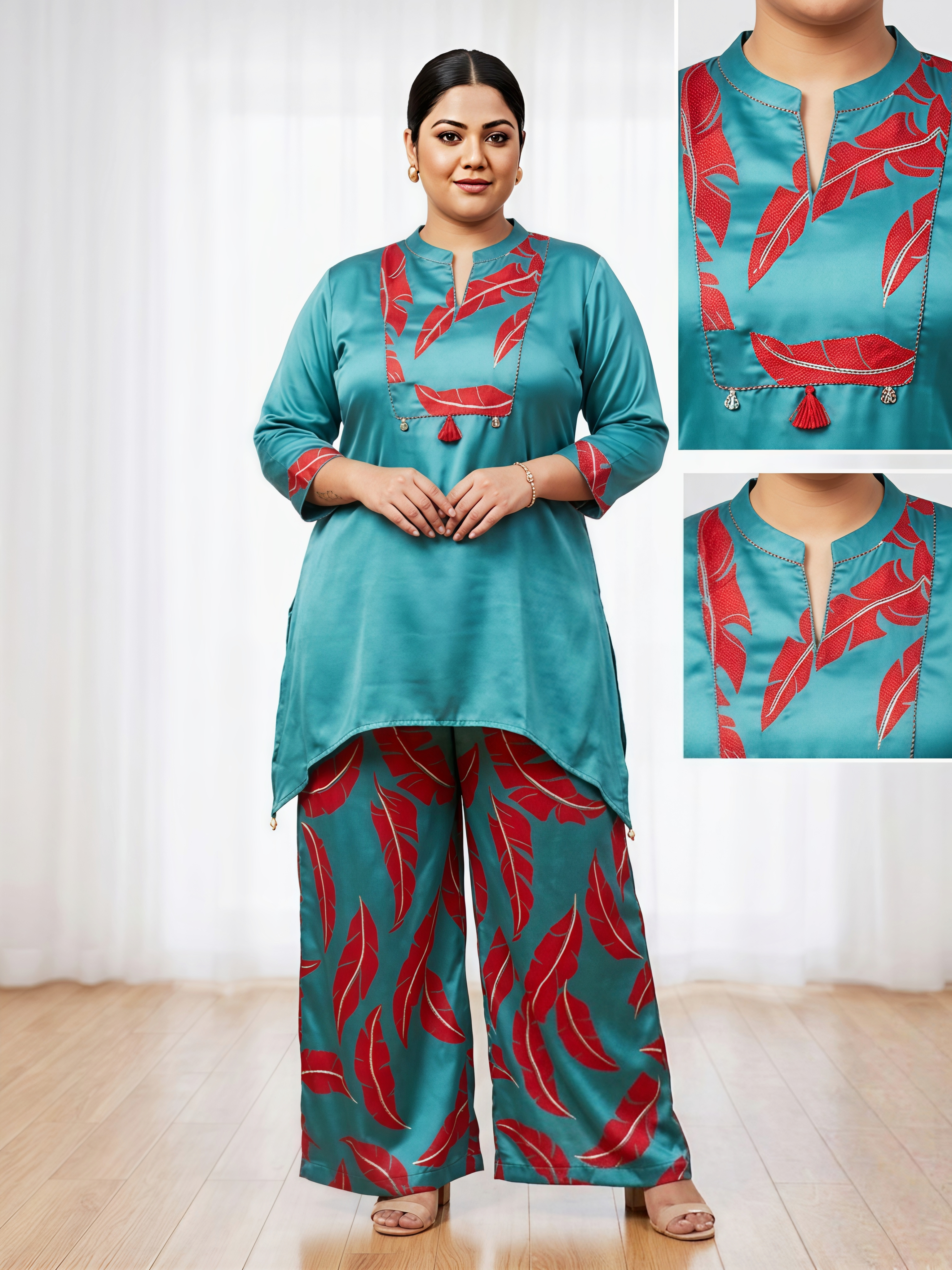 Teal Gaji Silk Feather Print Co-ord Set with Mandarian Collar & Tassel Detail