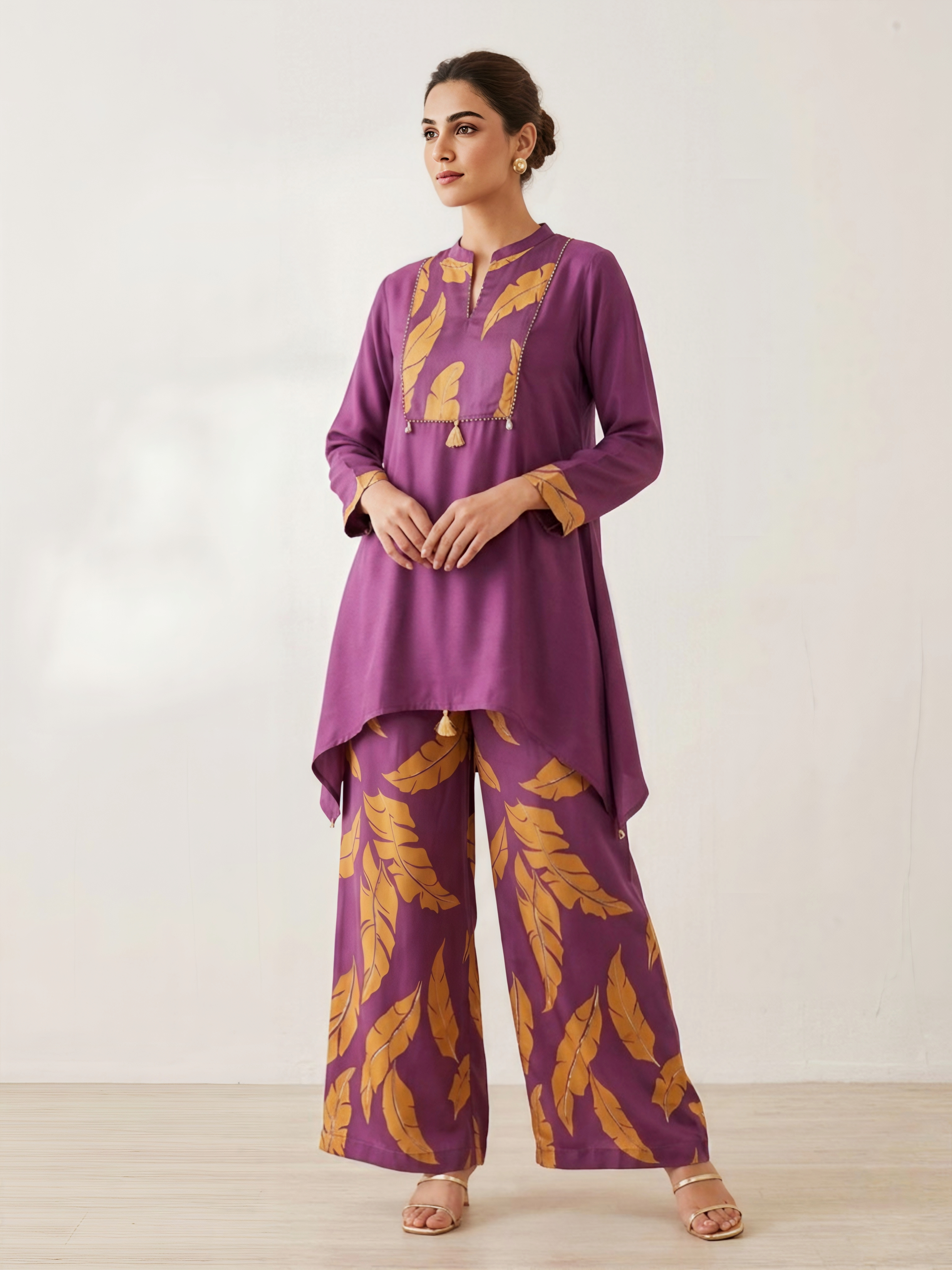 Vibrant Purple Gaji Silk Leaf Motif Co-ord Set with High-Low Tunic