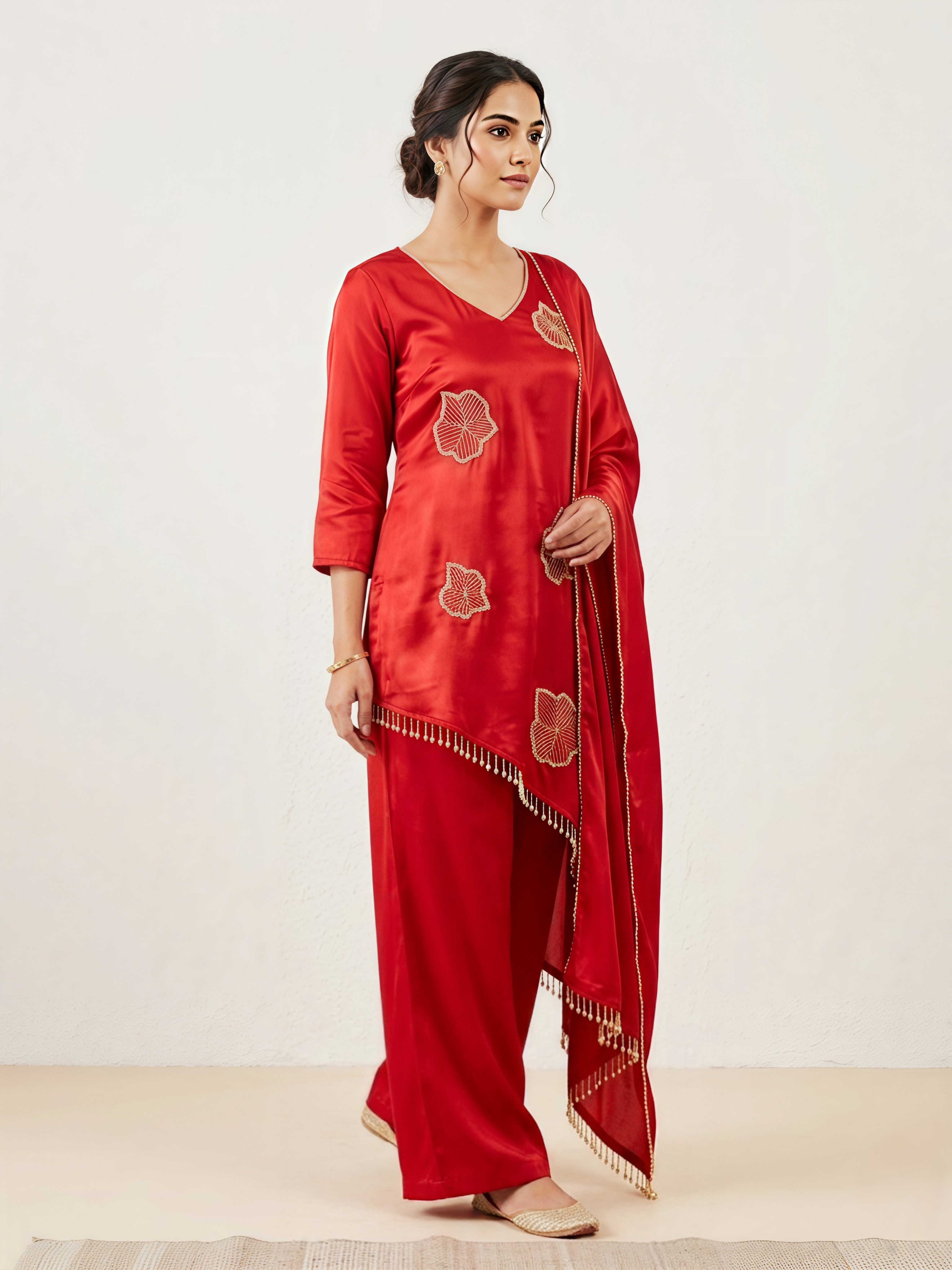 Orange Embroidered Silk Co-ord Set with Pearl-Bead Tassel Detail