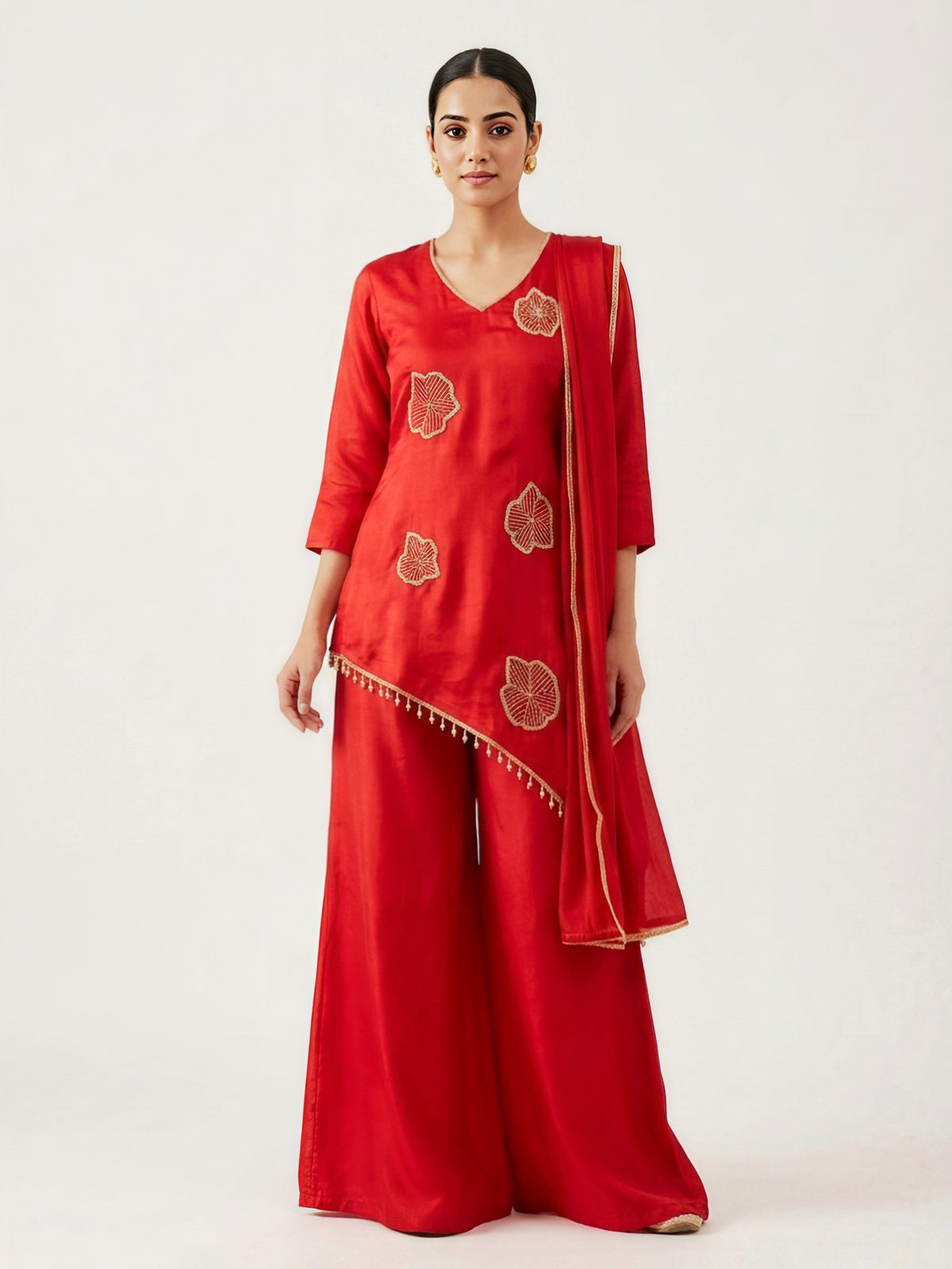 Orange Embroidered Silk Co-ord Set with Pearl-Bead Tassel Detail