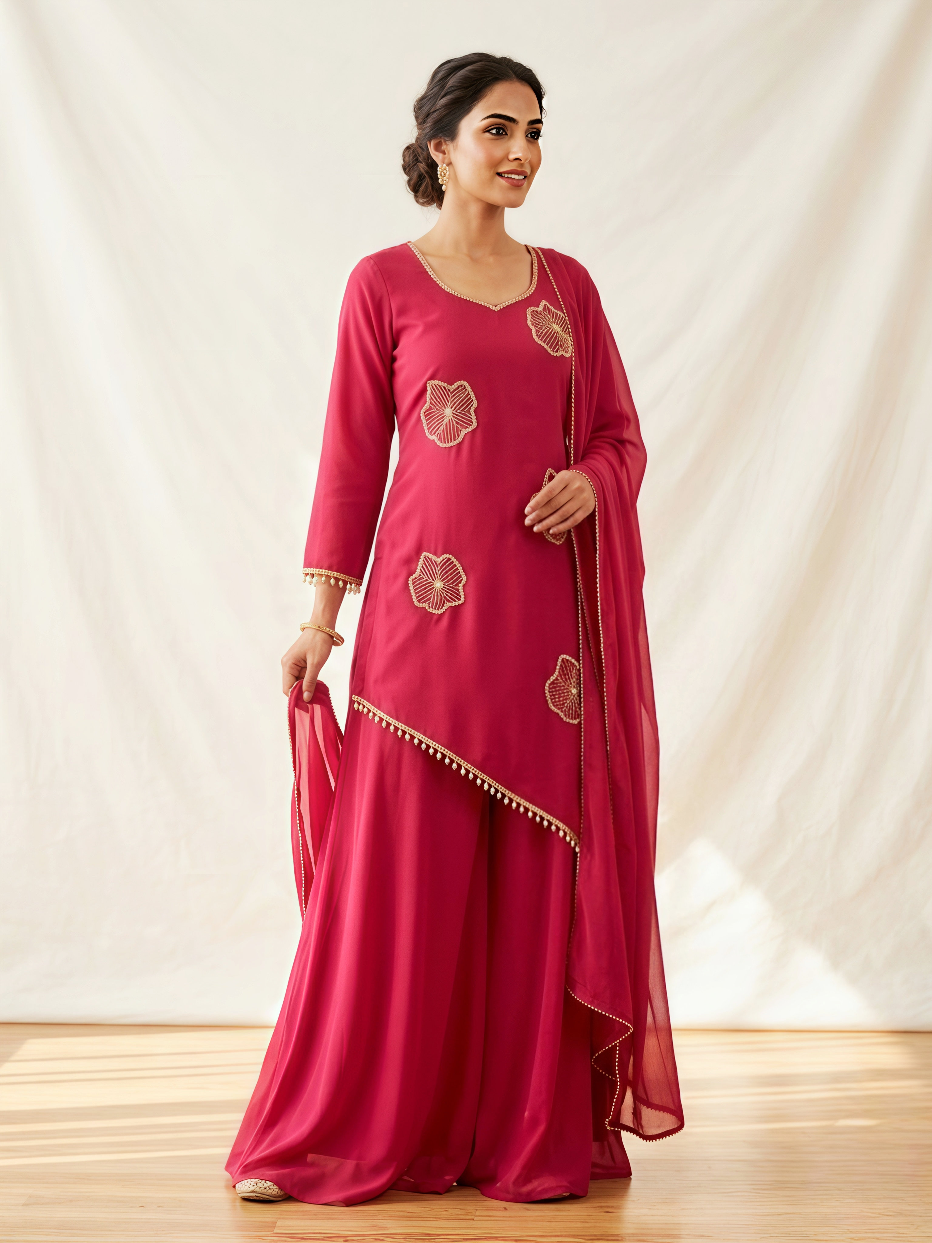 Premium Wine Asymmetric Kurta Set with Scalloped Embroidery & Palazzo