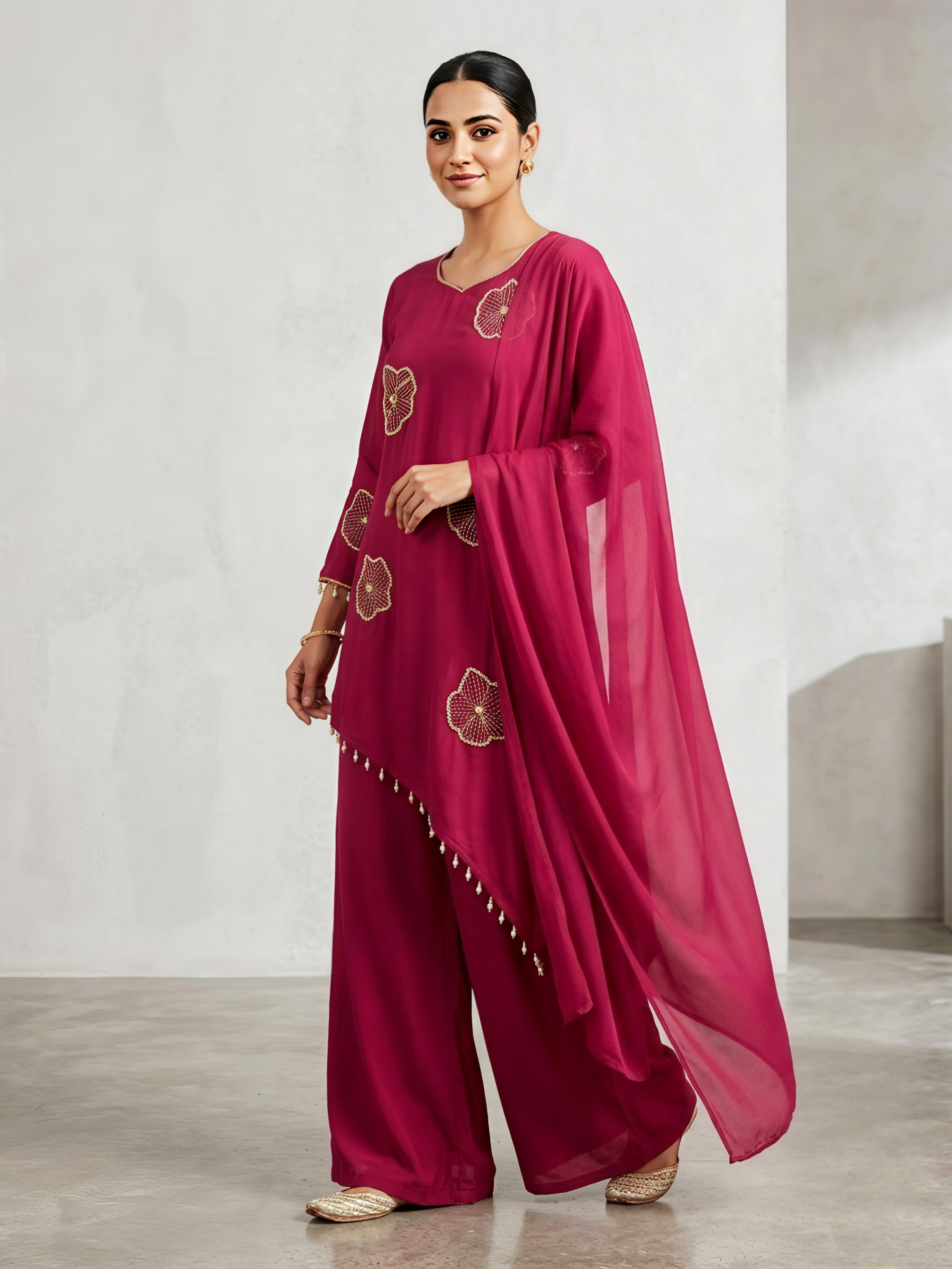 Premium Wine Asymmetric Kurta Set with Scalloped Embroidery & Palazzo