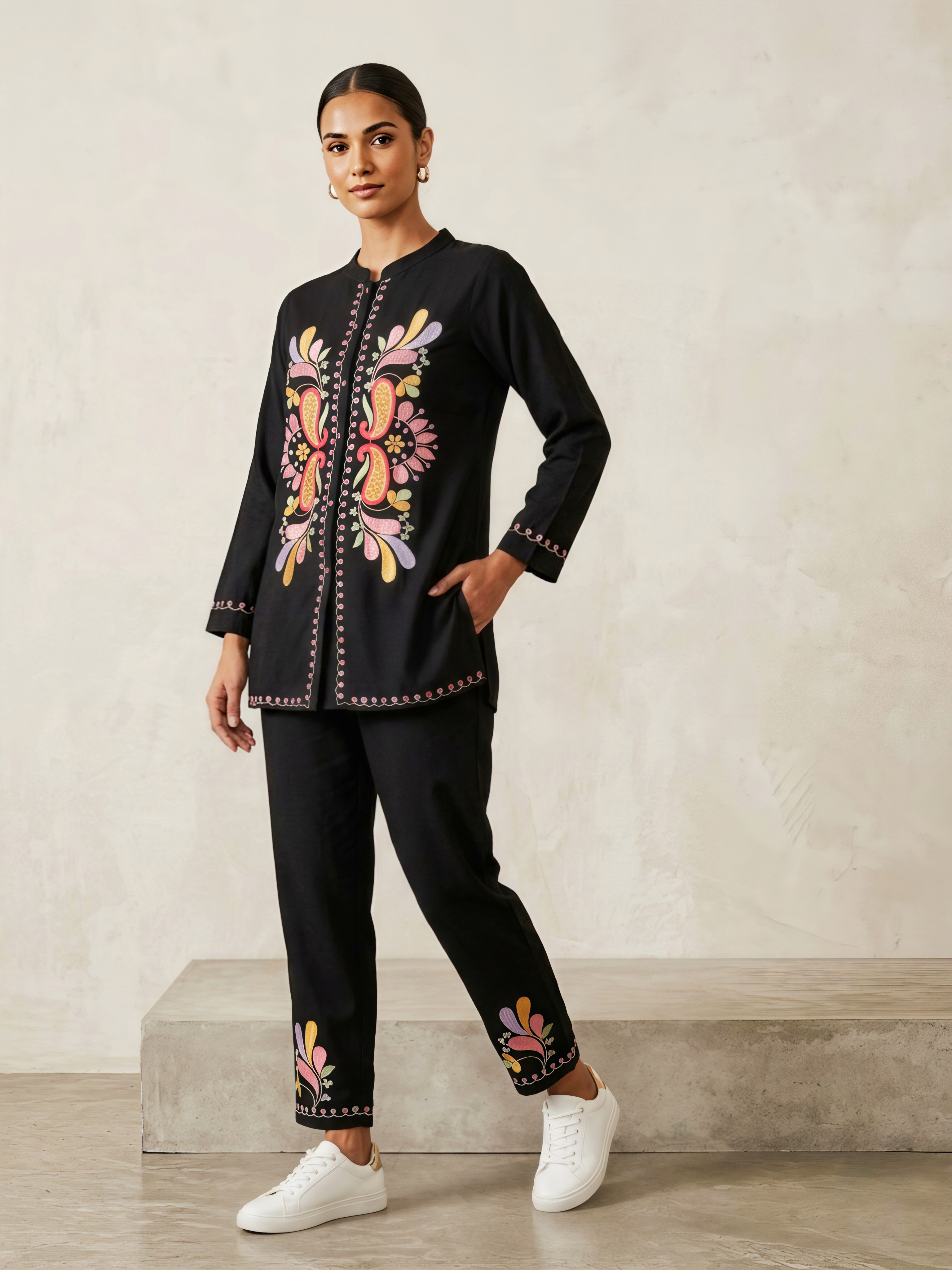 Women's Black 100% Organic Linen Co-ord Set with Kashmiri Print
