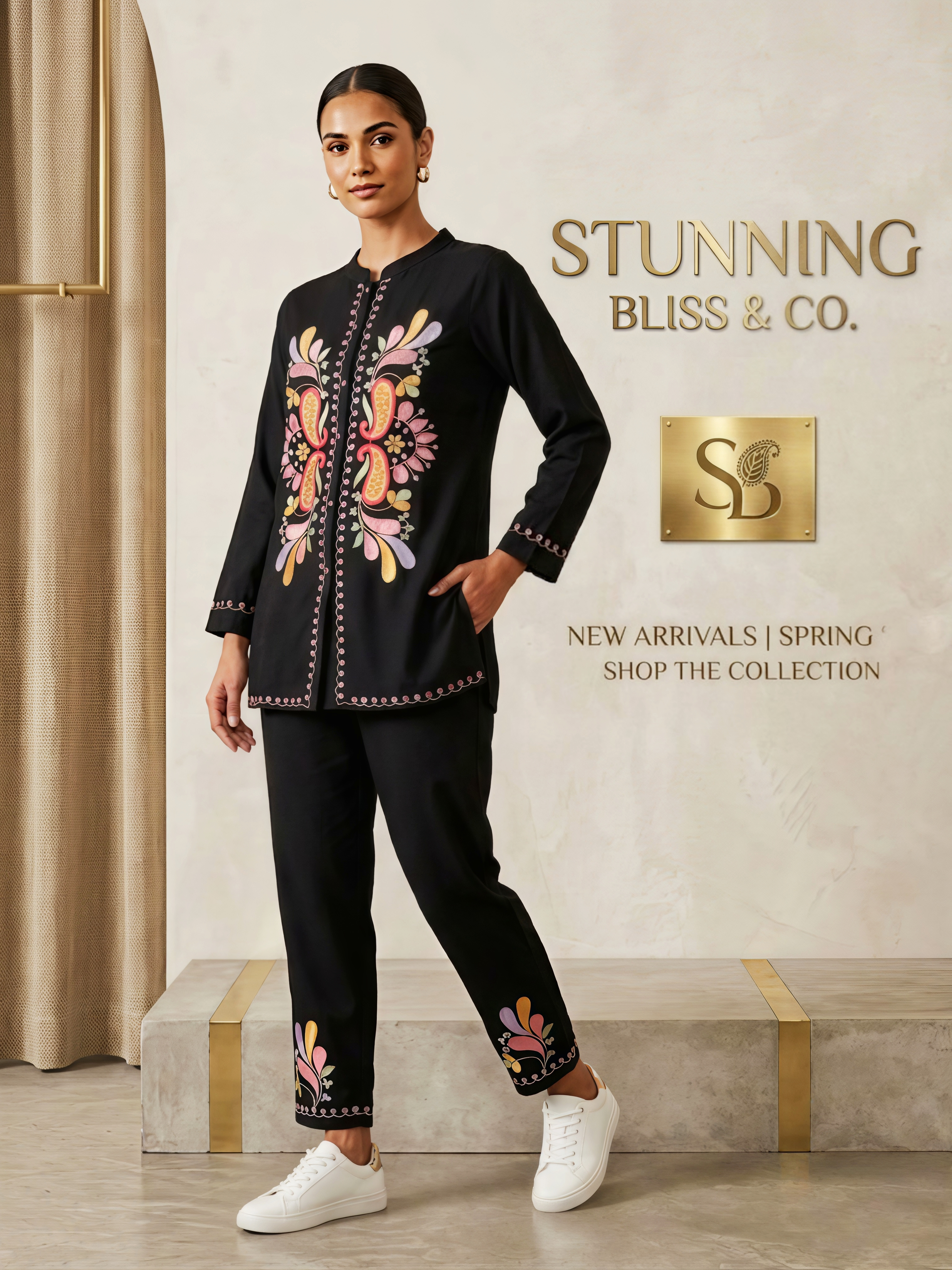 Women's Black 100% Organic Linen Co-ord Set with Kashmiri Print