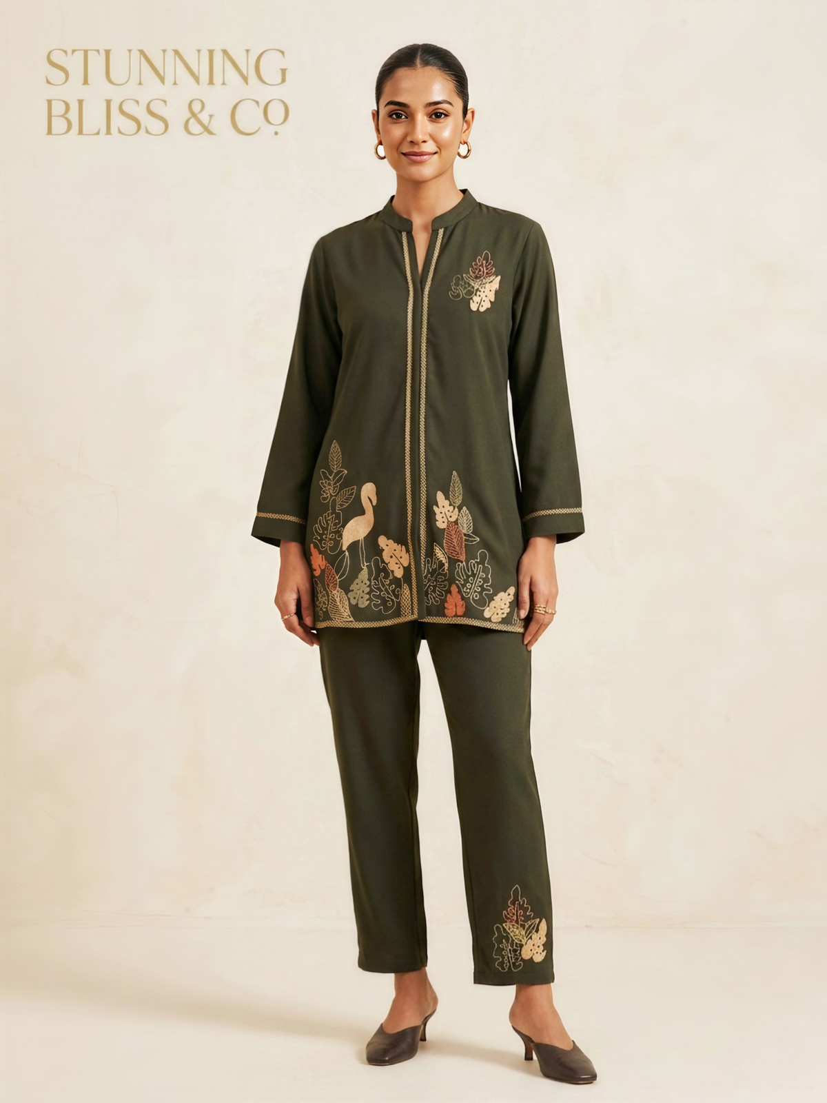 Olive Green Embroidered Co-ord Set with Mandarian Collar and Flamingo Motif