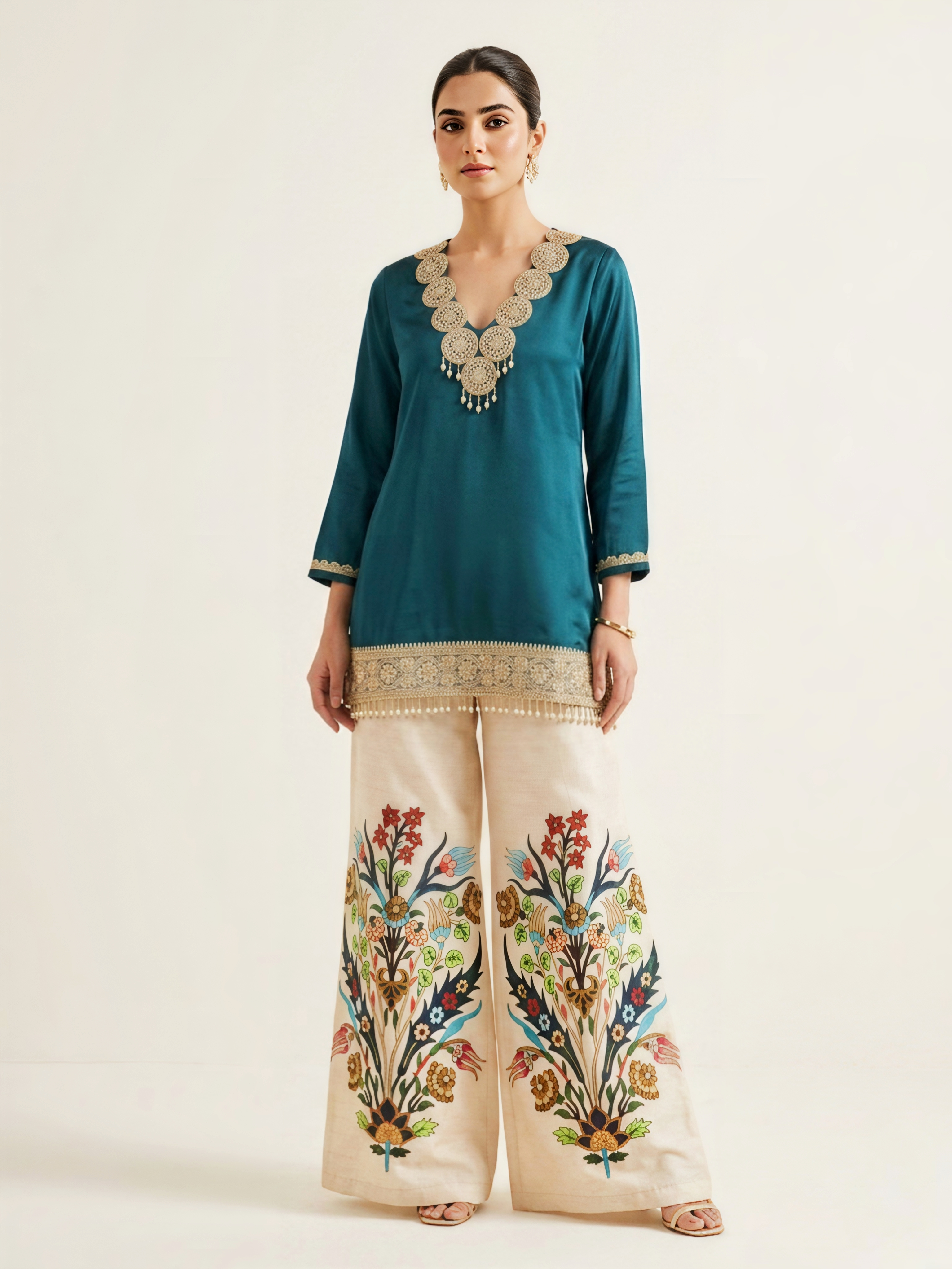 Elegant Teal Silk Tunic Set featuring Gota-Patti Scalloped Neck and Floral Embroidered Palazzos