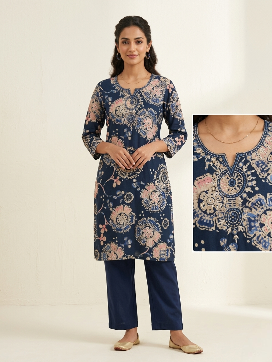 Women’s Indigo Blue Floral Printed Kurti with Embroidered Neckline – 3/4 Sleeves