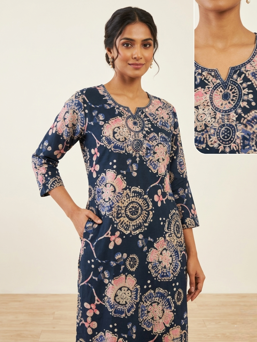 Women’s Indigo Blue Floral Printed Kurti with Embroidered Neckline – 3/4 Sleeves