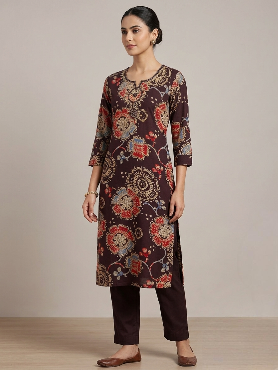 Deep Maroon Kalamkari-Inspired Floral Kurti – 3/4 Sleeves Ethnic Wear