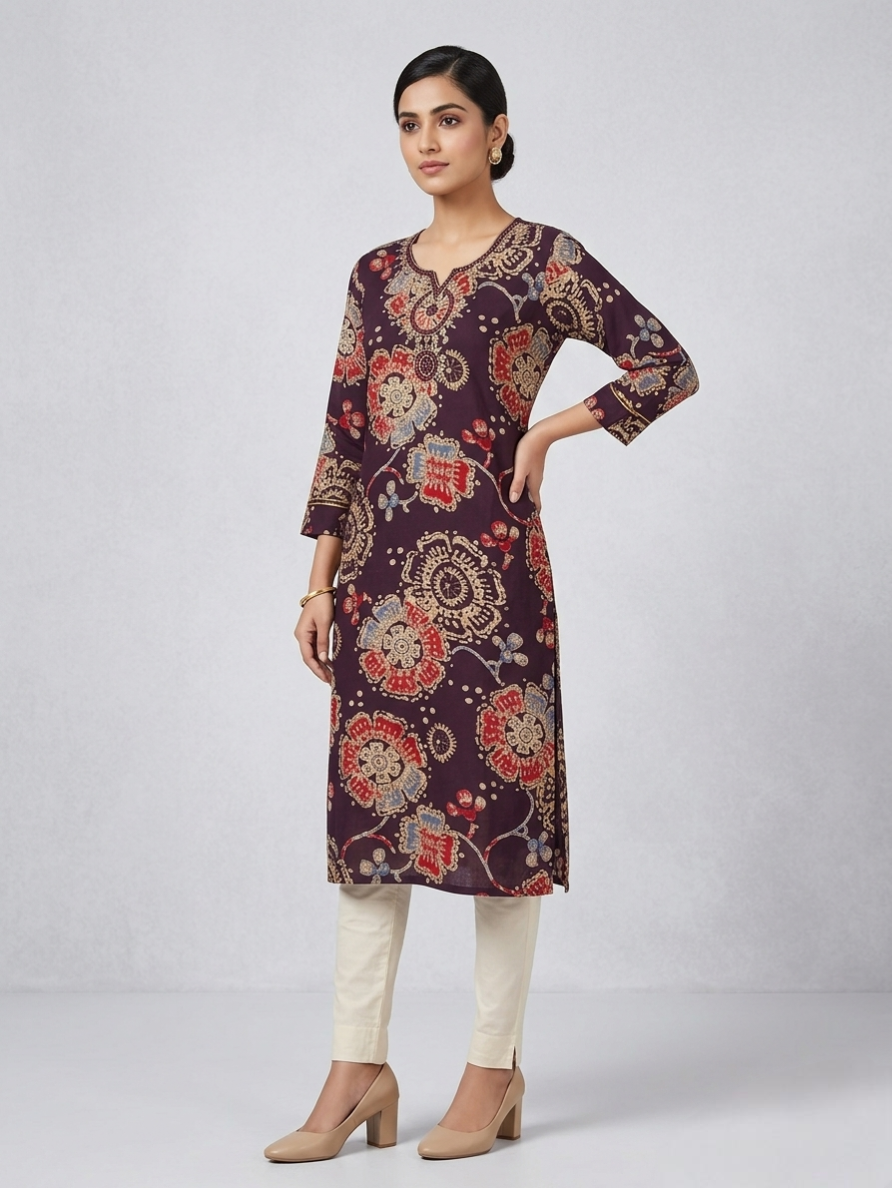 Deep Maroon Kalamkari-Inspired Floral Kurti – 3/4 Sleeves Ethnic Wear