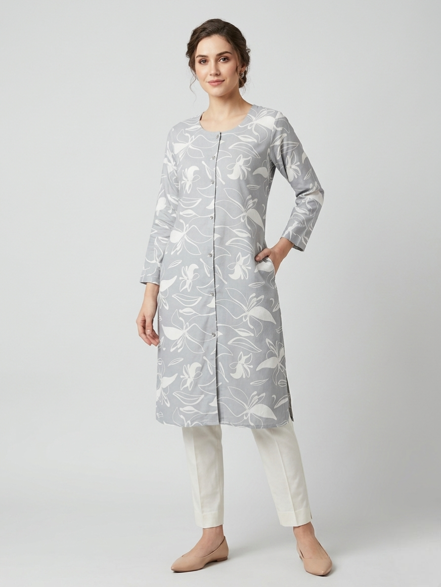 Grey Floral Print Straight Cotton Kurti with Front Button Detail