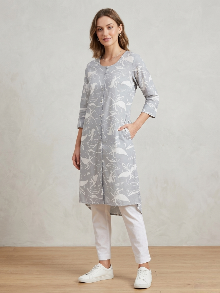 Grey Floral Print Straight Cotton Kurti with Front Button Detail