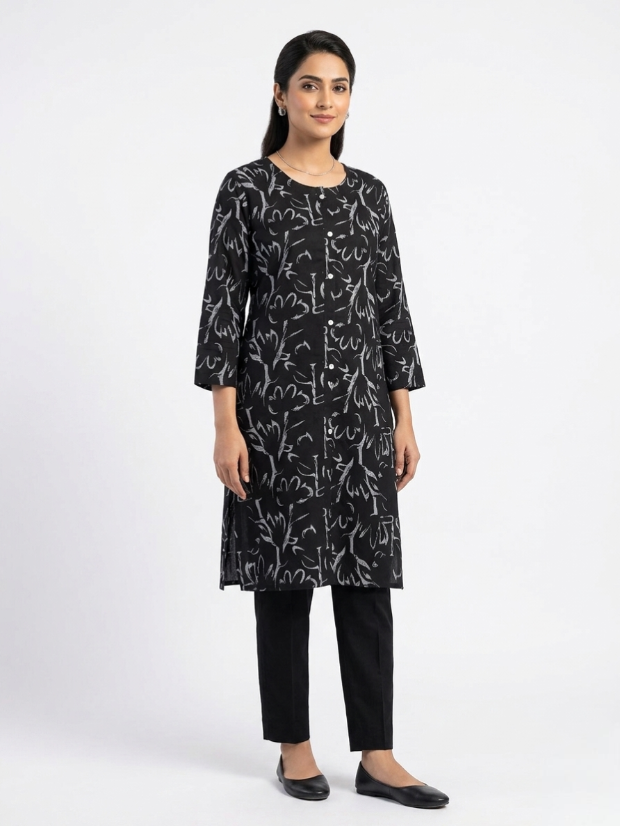 Women's Black Cotton Printed Kurti