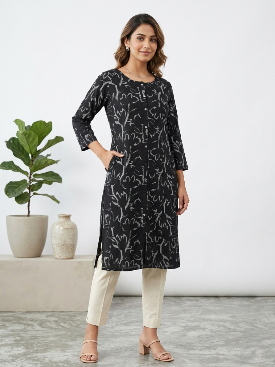 Women's Black Cotton Printed Kurti