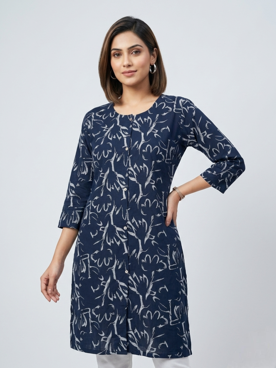Women's Navy Blue & White Cotton Printed Straight Kurta | Round Neck 3/4 Sleeve Ethnic Tunic