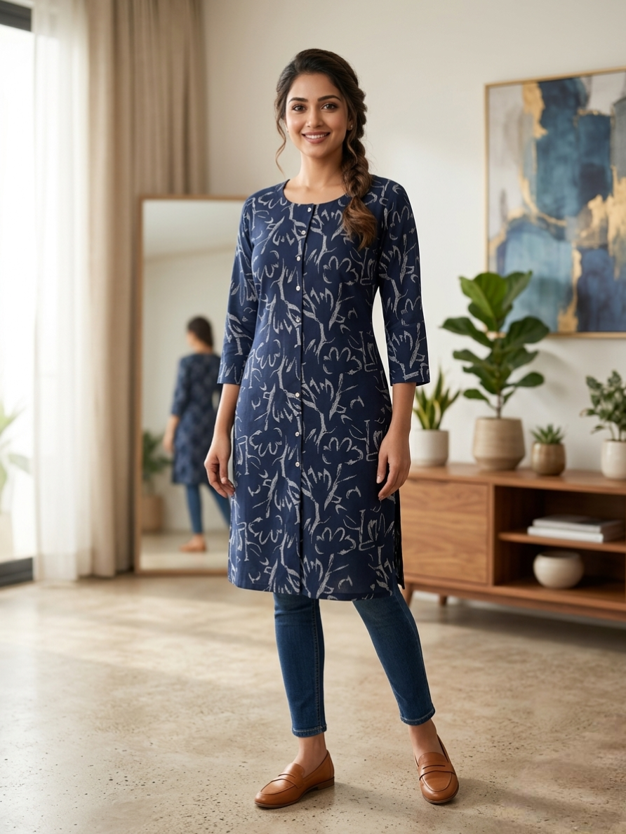 Women's Navy Blue & White Cotton Printed Straight Kurta | Round Neck 3/4 Sleeve Ethnic Tunic