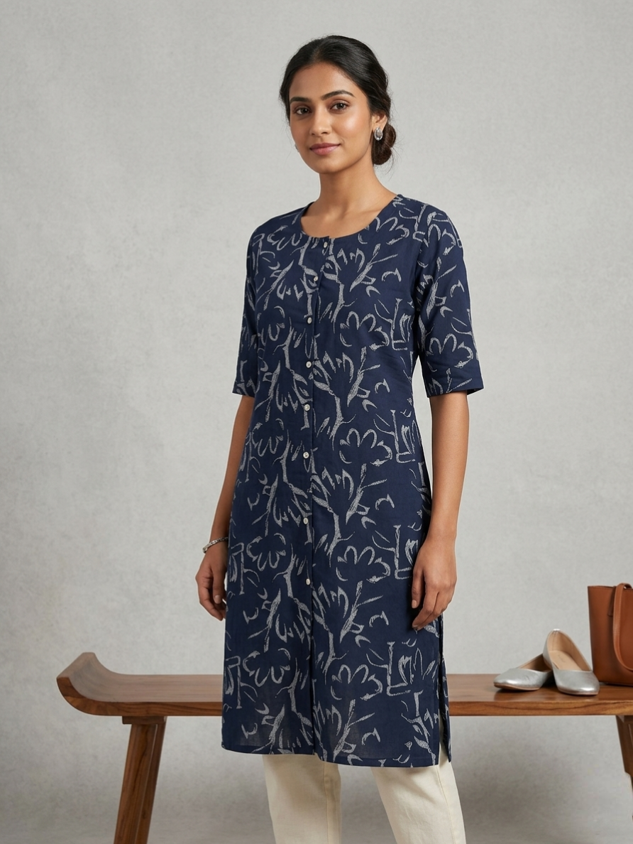 Women's Navy Blue & White Cotton Printed Straight Kurta | Round Neck 3/4 Sleeve Ethnic Tunic