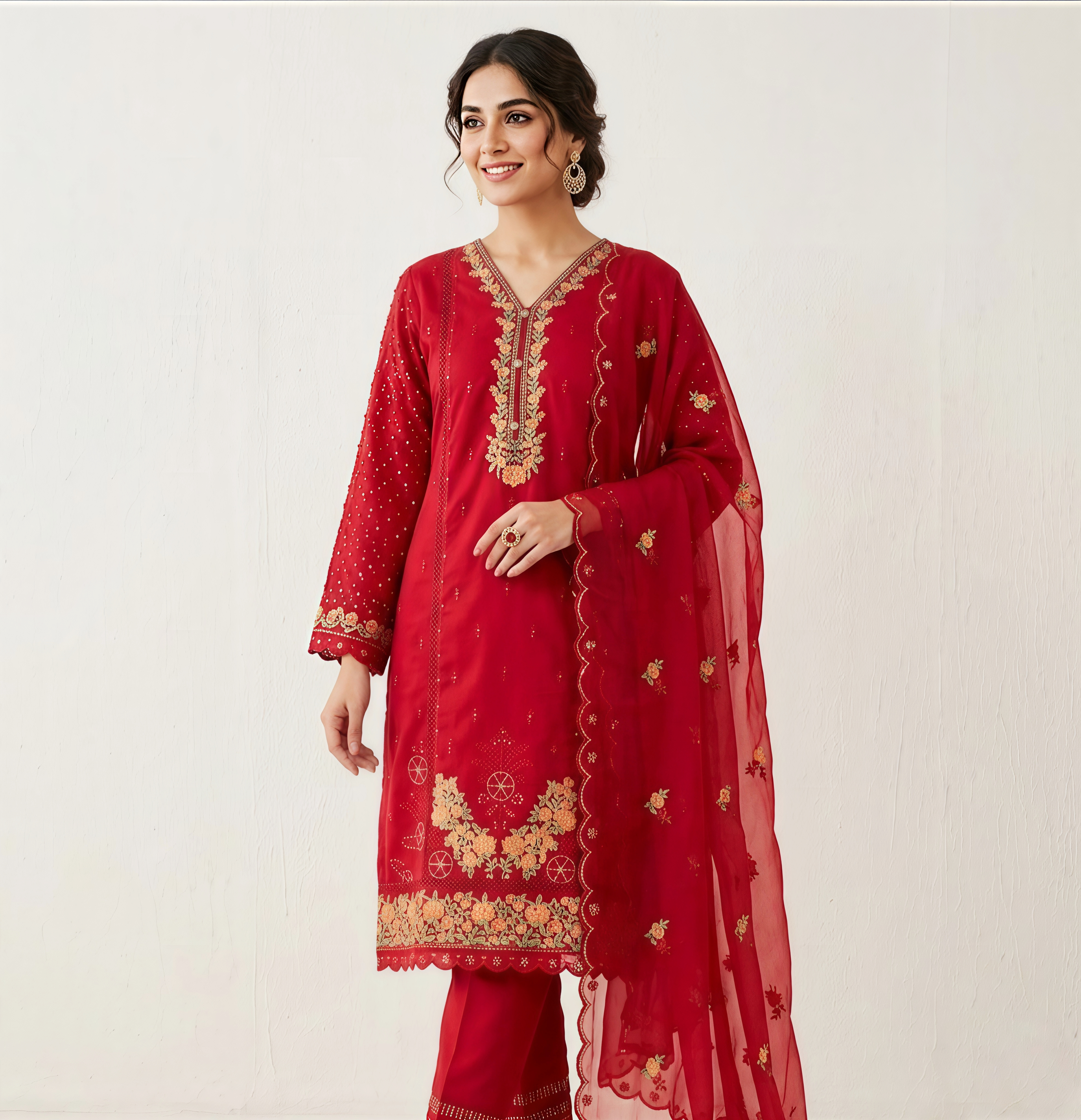 Deep Red Three-Piece Suit with Gold Floral Embroidery and Organza Dupatta