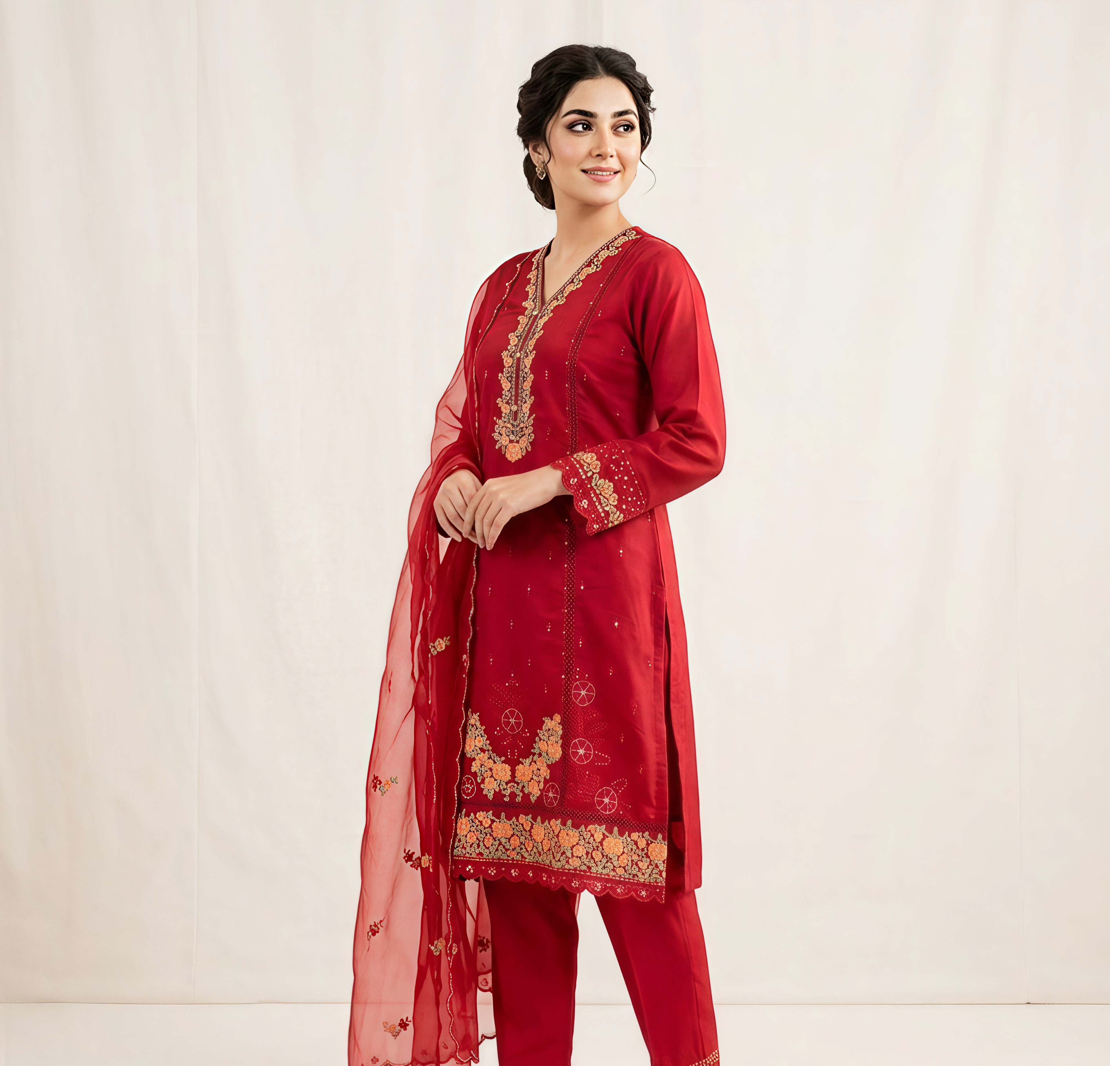 Deep Red Three-Piece Suit with Gold Floral Embroidery and Organza Dupatta