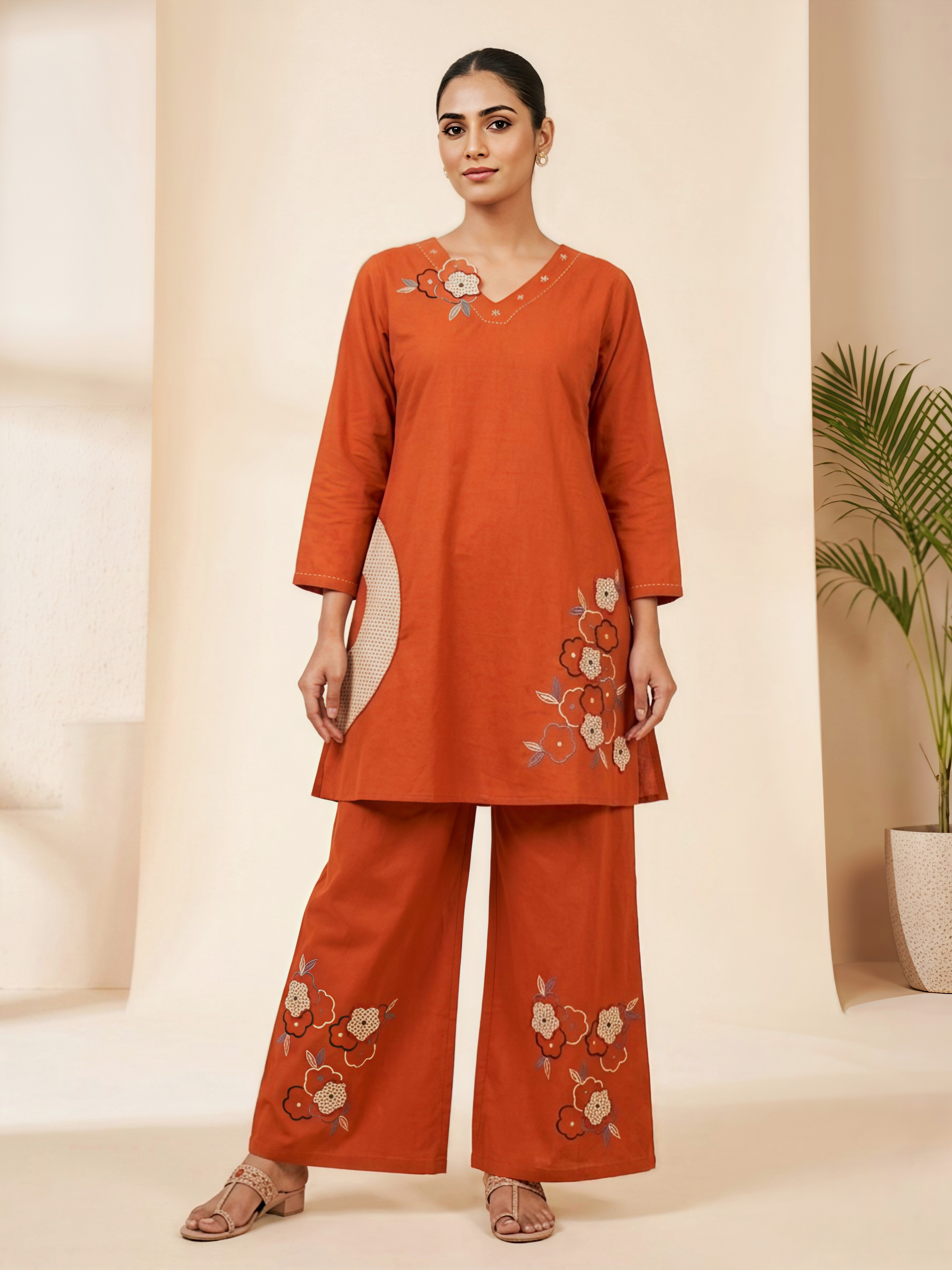 Women's Rust Orange Ethnic Co-ord Set with Floral Embroidery