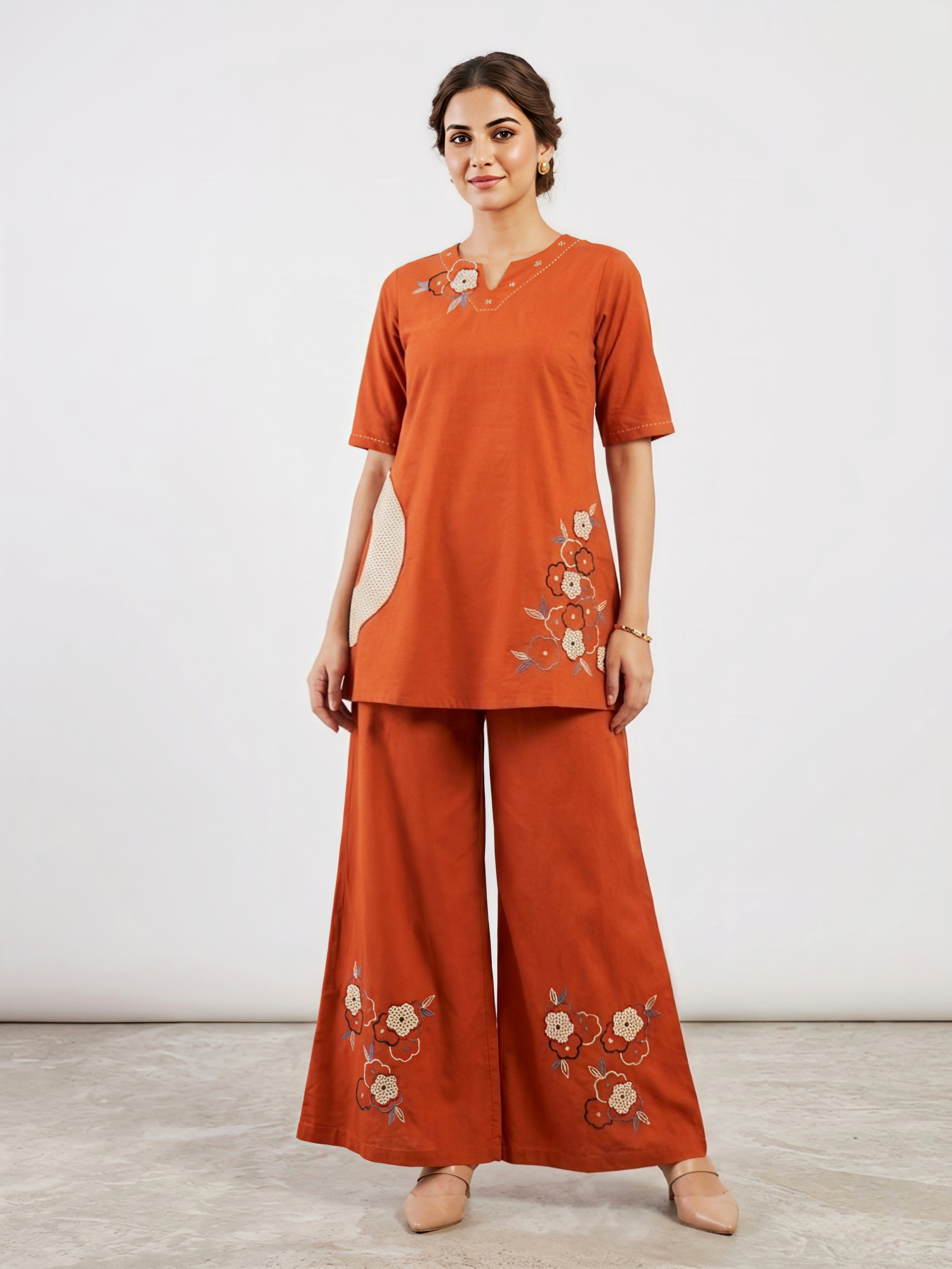 Women's Rust Orange Ethnic Co-ord Set with Floral Embroidery