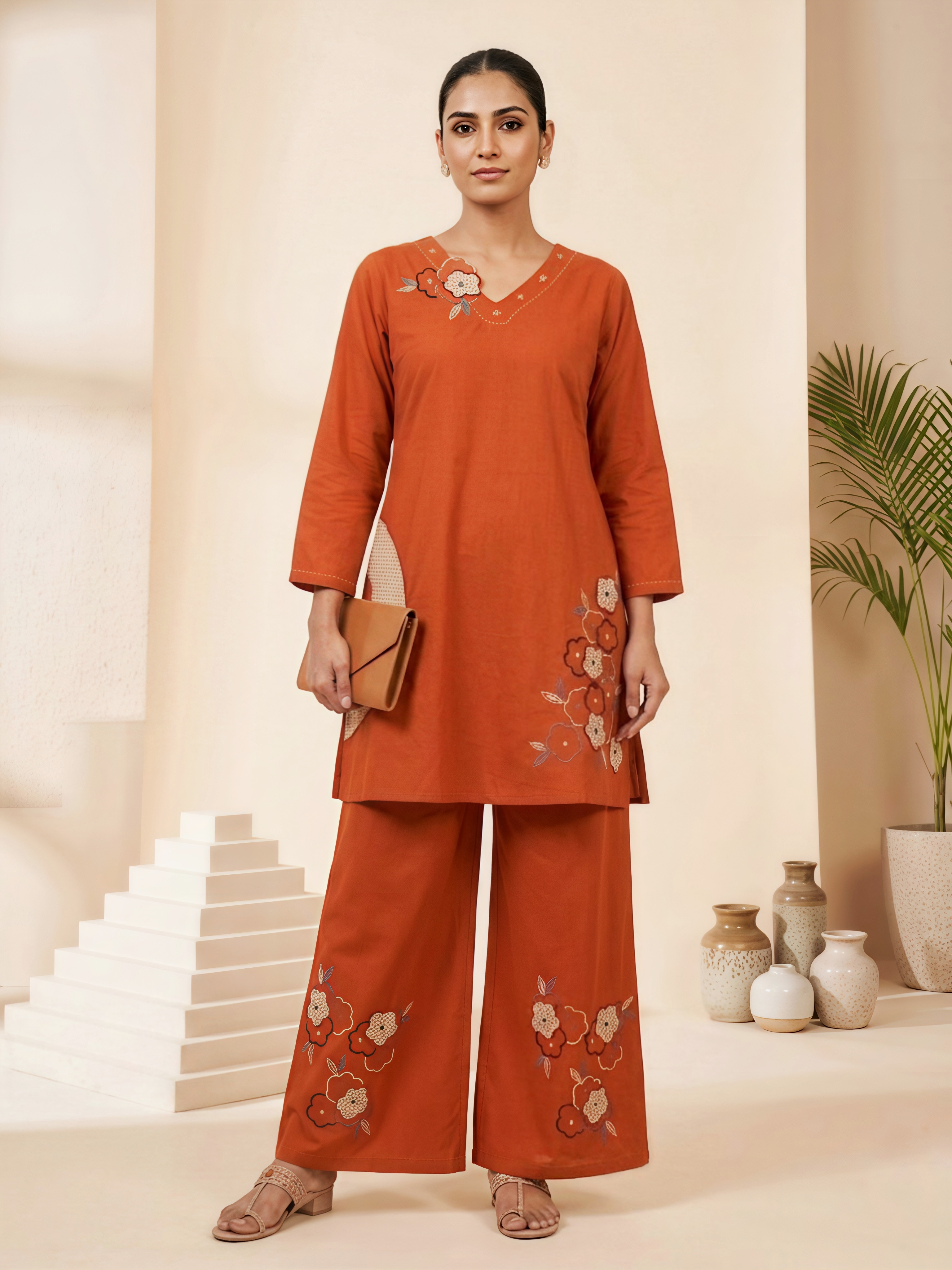 Women's Rust Orange Ethnic Co-ord Set with Floral Embroidery