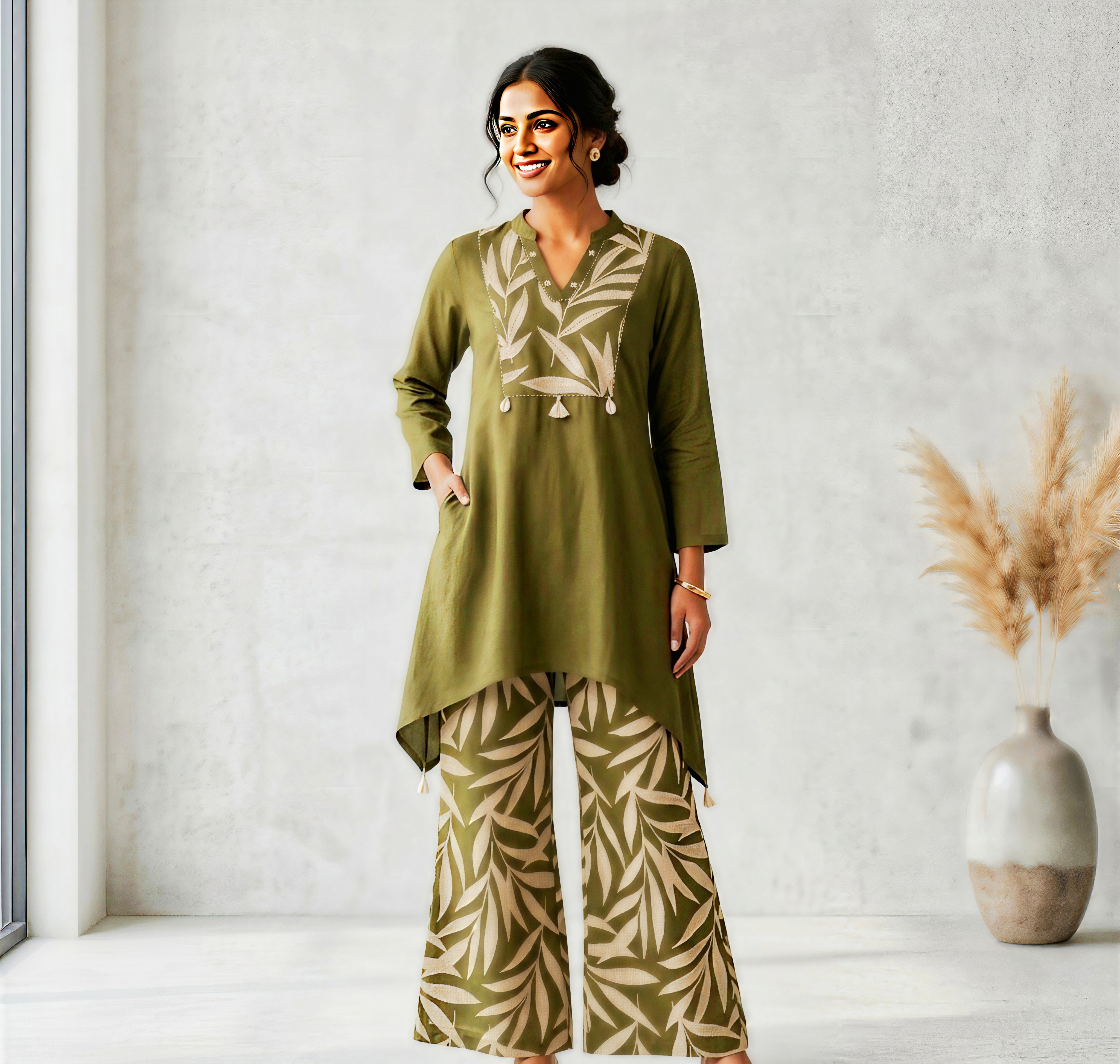 Olive Verdant Leaf Appliqué Co-ord Set with High-Low Tunic