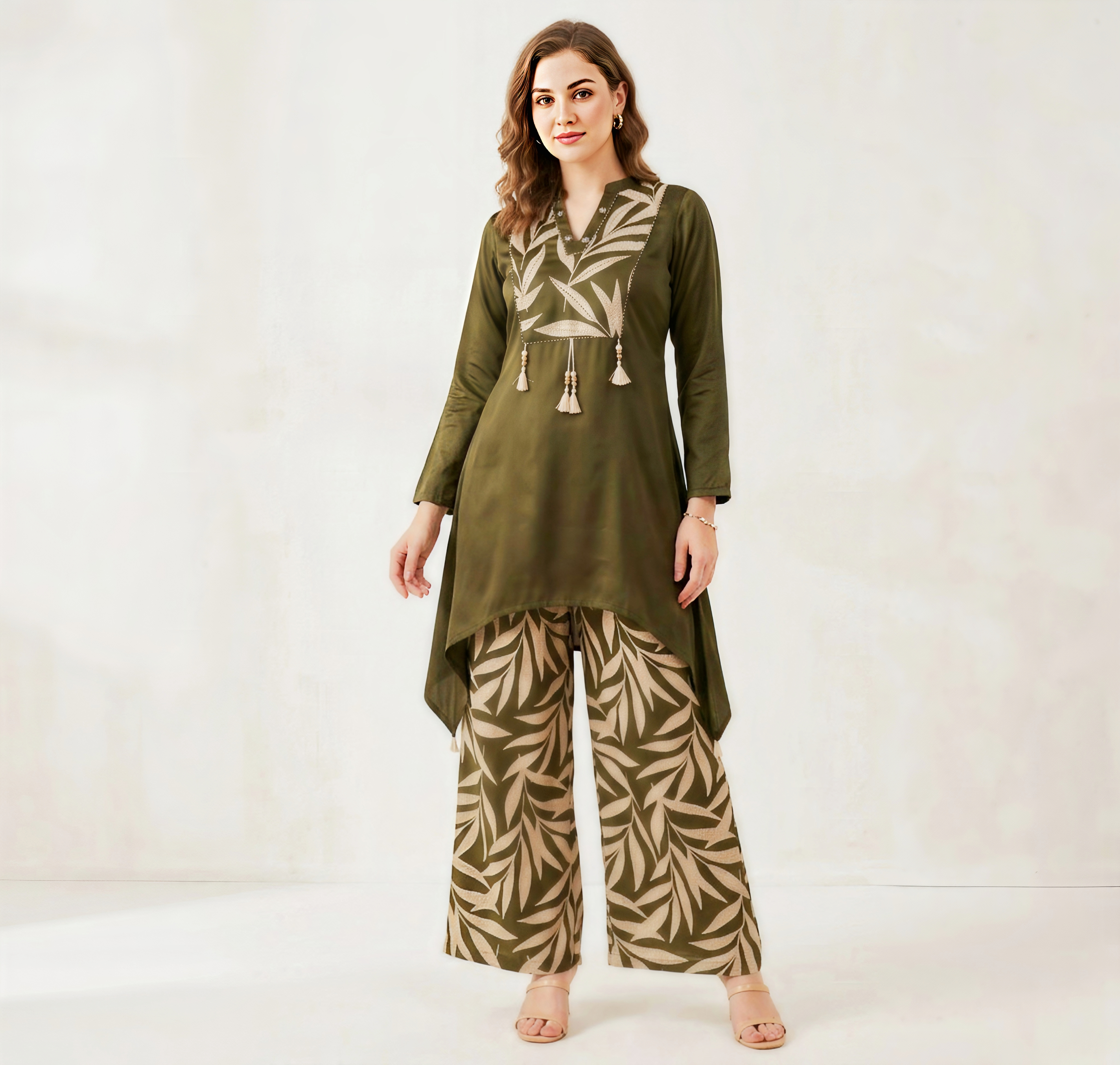 Olive Verdant Leaf Appliqué Co-ord Set with High-Low Tunic